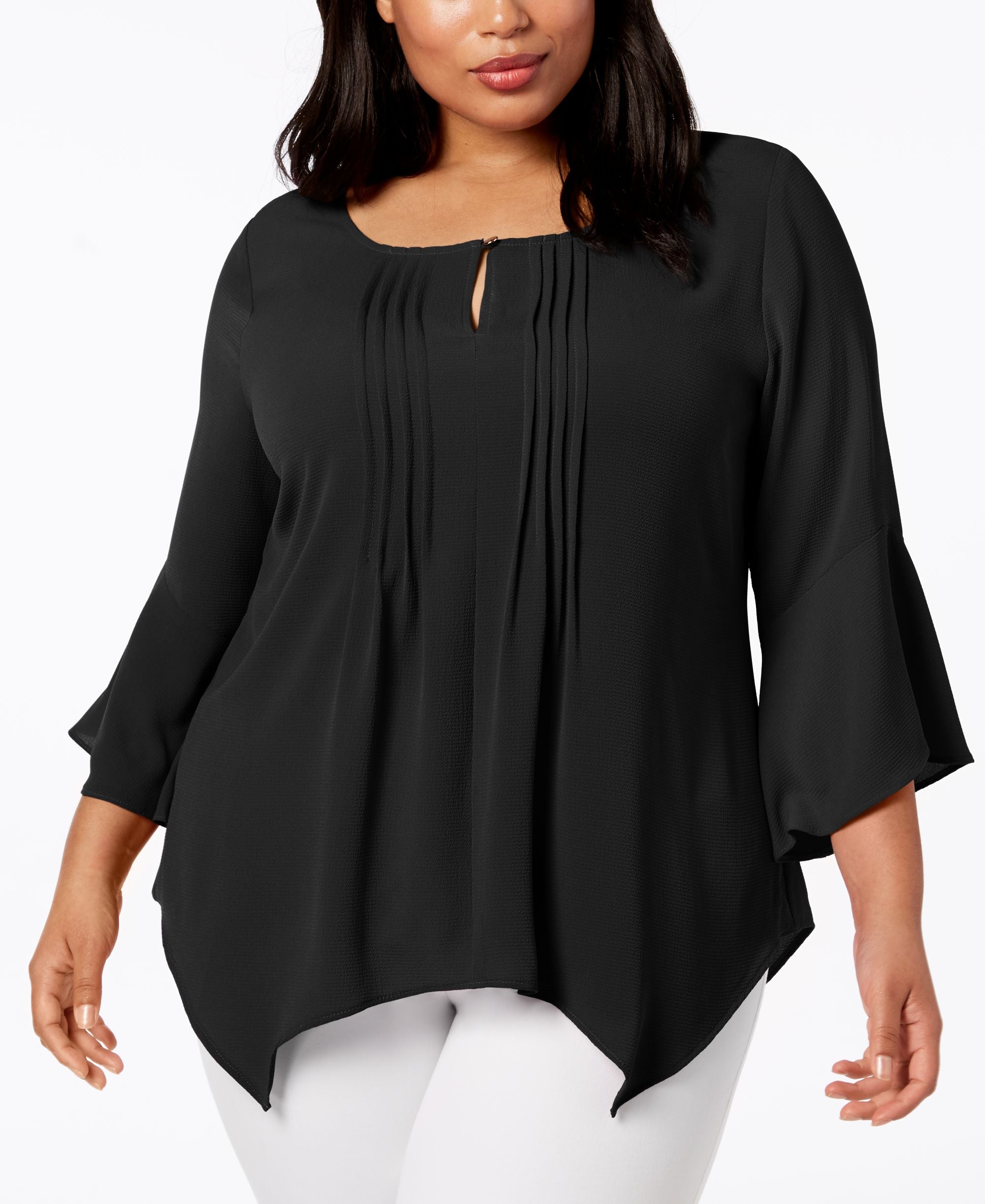 NY Collection Plus Size Pleated Handkerchief Hem Premium Top