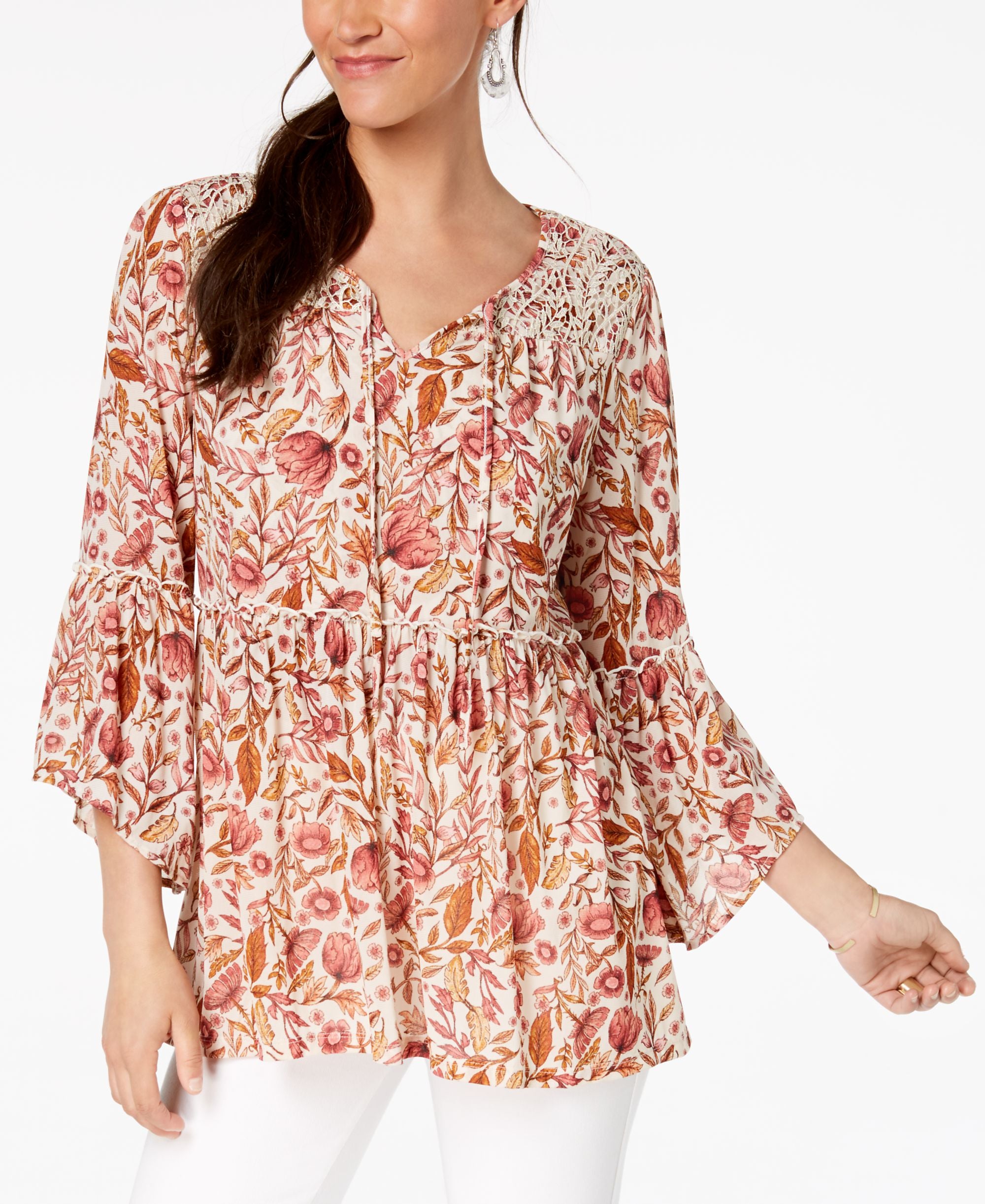Style & Co Floral Print Lace Peasant Premium Top