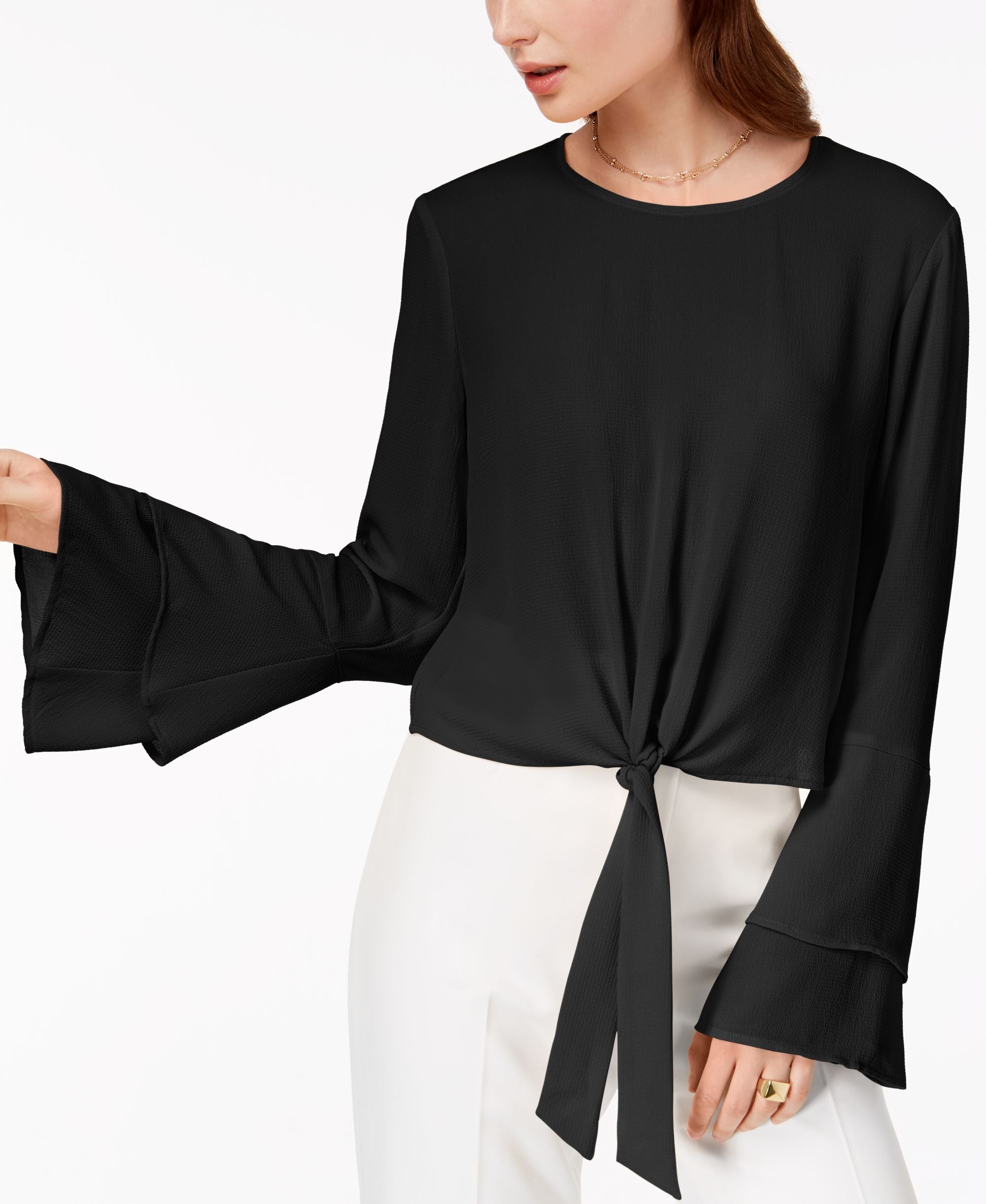 Juniors' Bell-Sleeve Tie-Front Premium Top