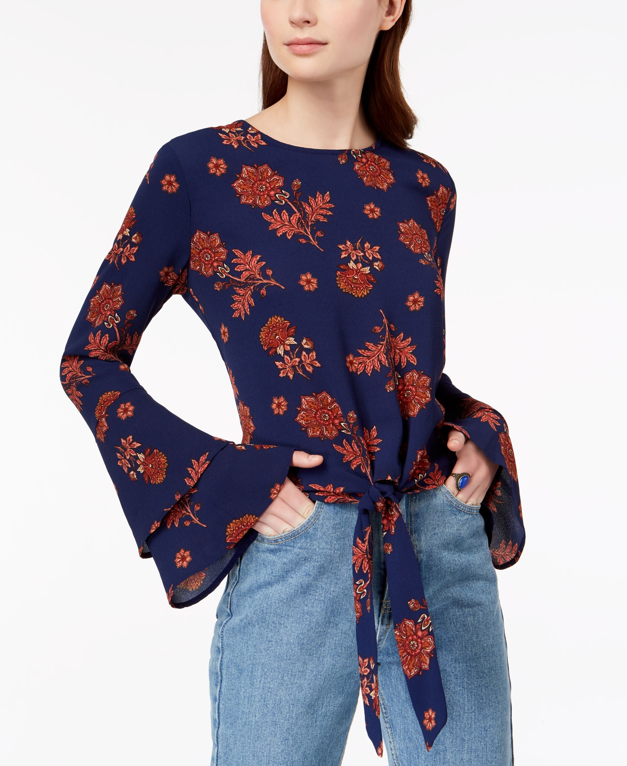 Juniors' Bell-Sleeve Tie-Front Premium Top