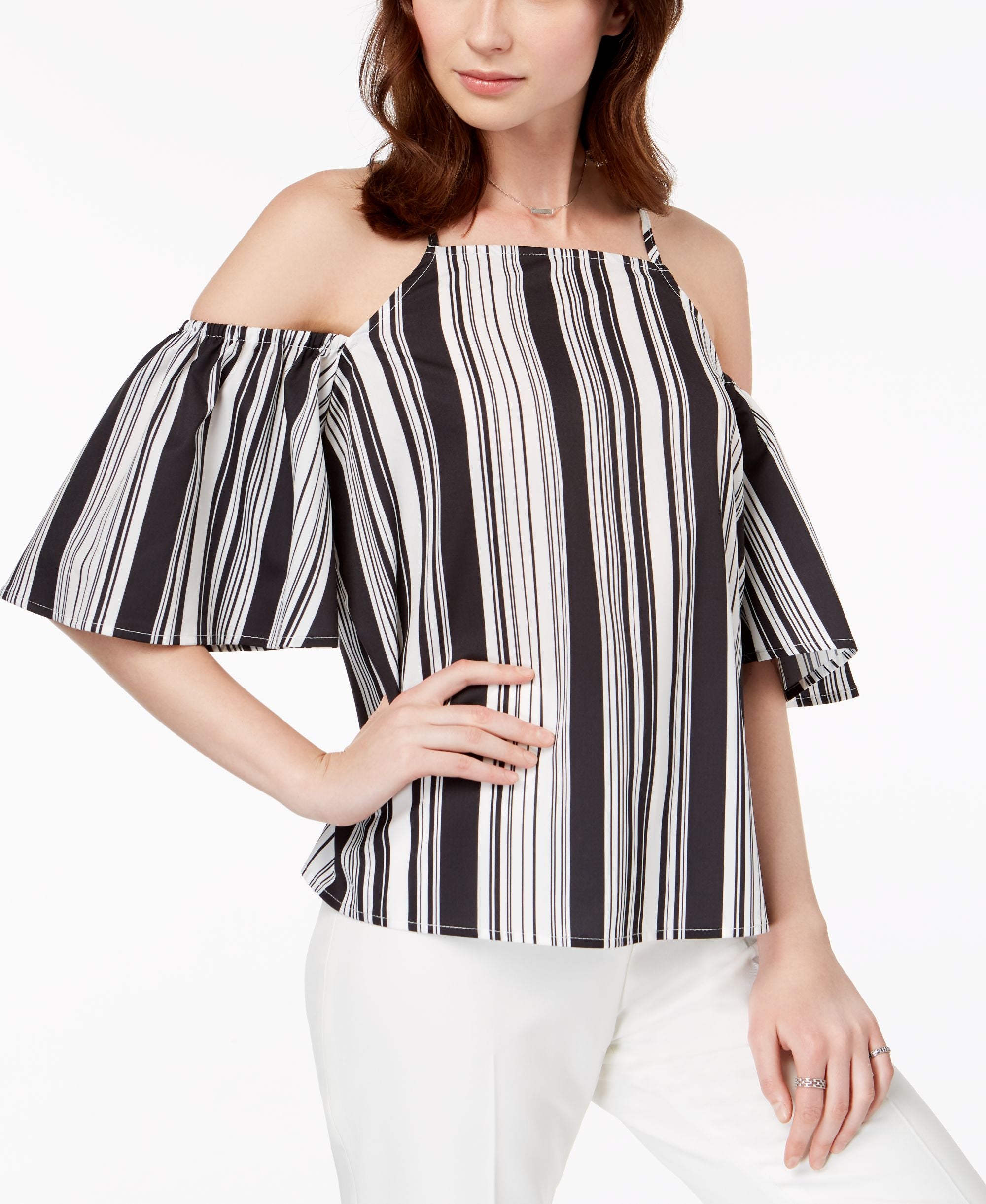 Juniors' Striped Cold-Shoulder Premium Top