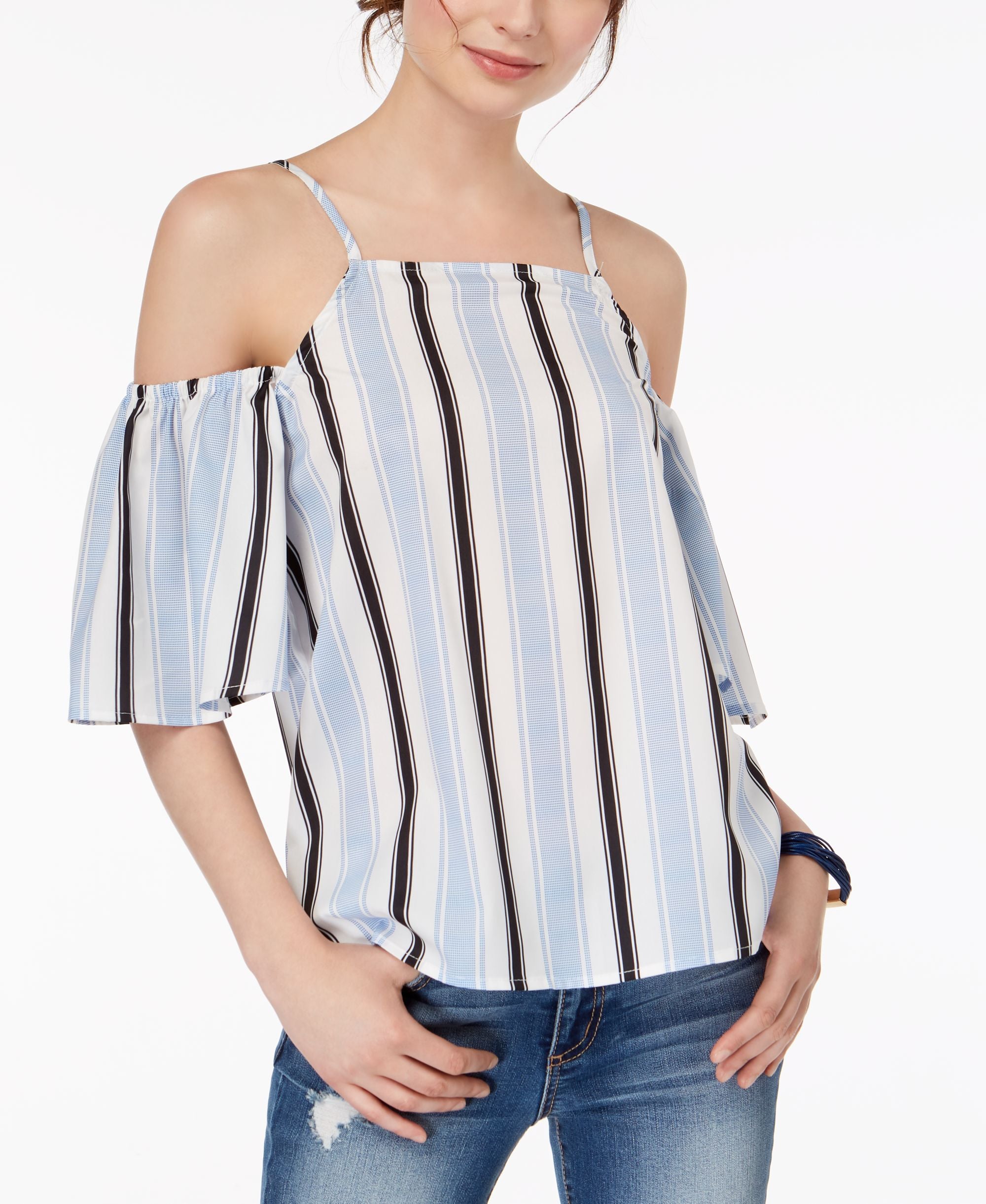 Juniors' Striped Cold-Shoulder Premium Top