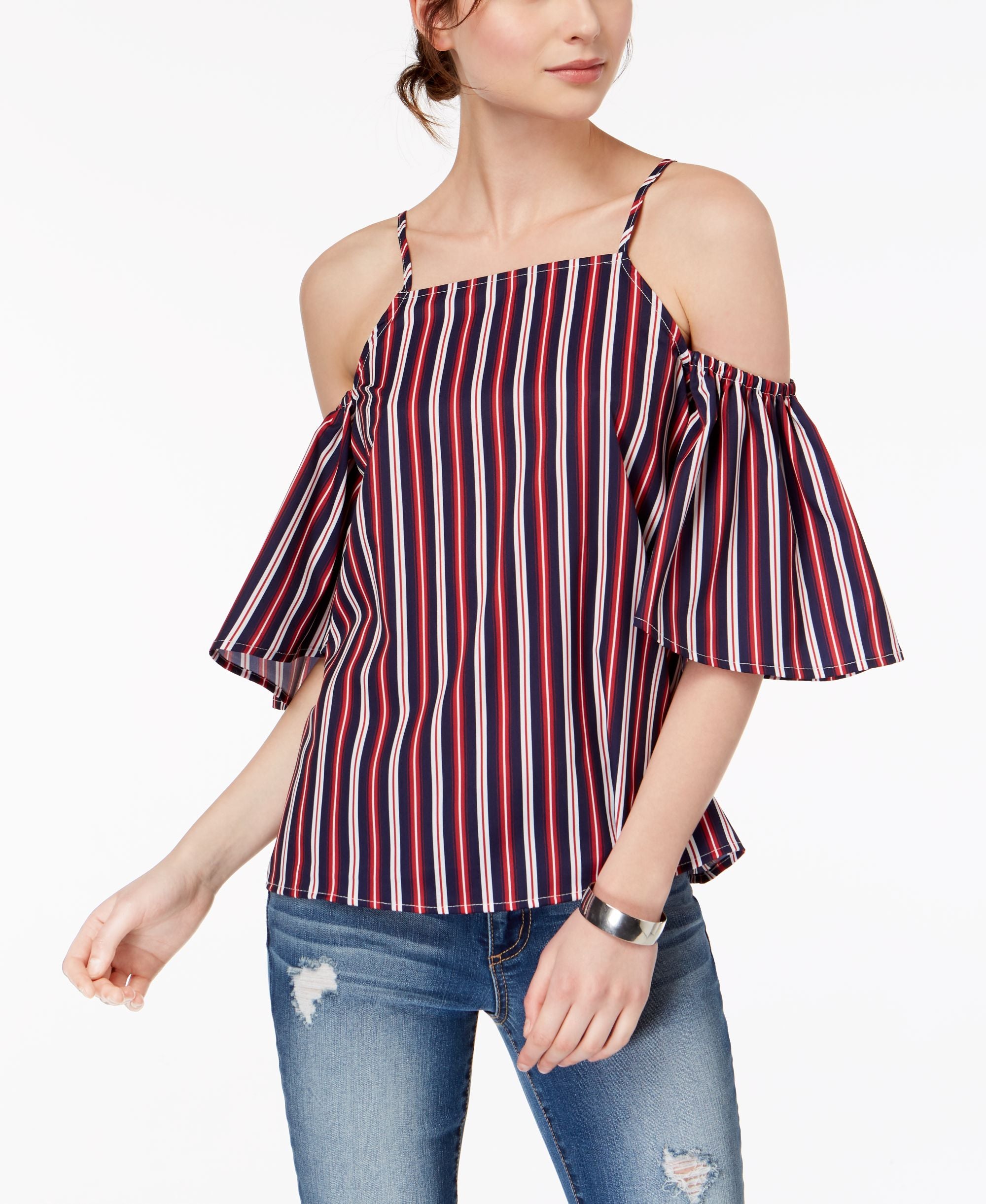 Juniors' Striped Cold-Shoulder Premium Top