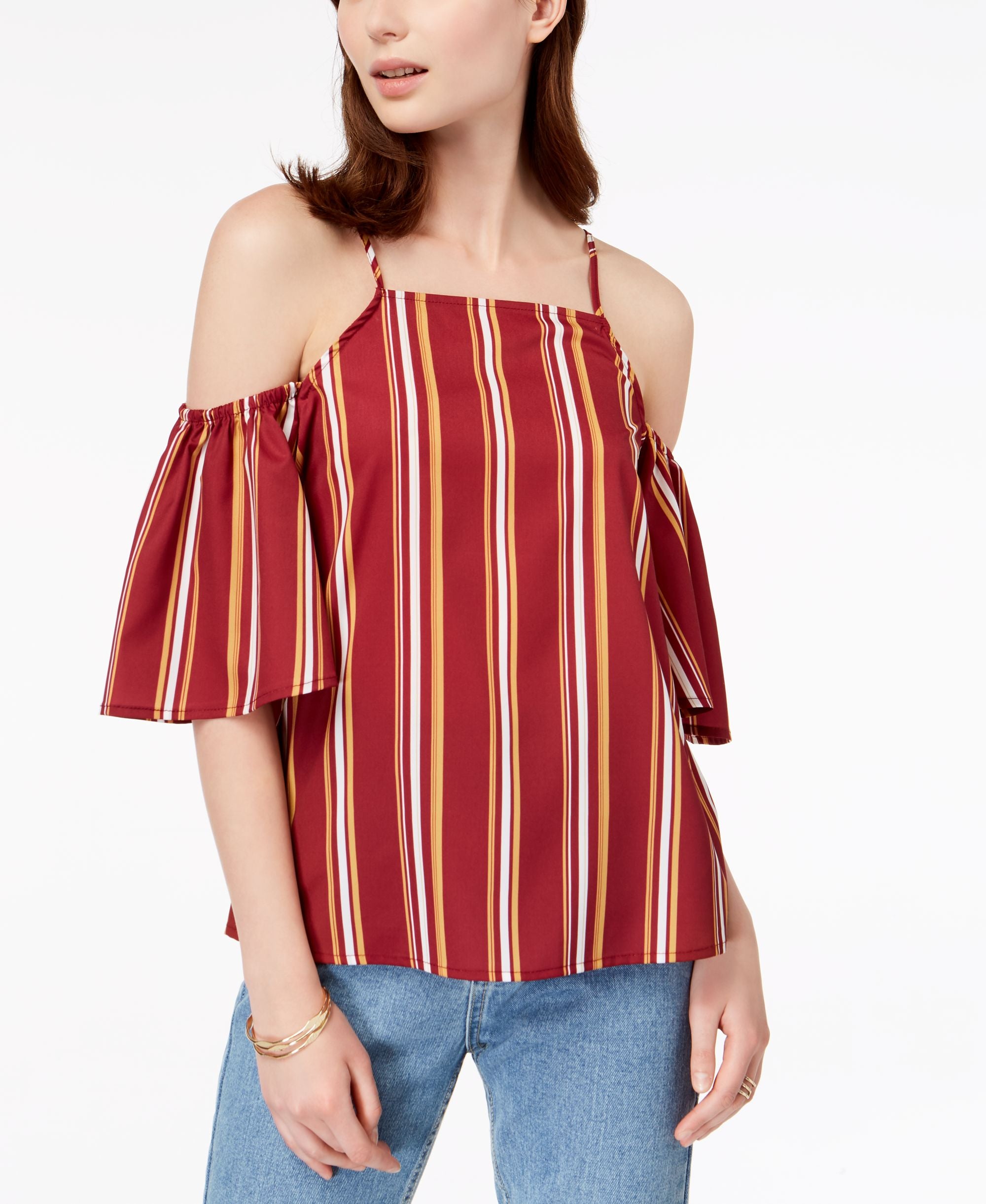 Juniors' Striped Cold-Shoulder Premium Top