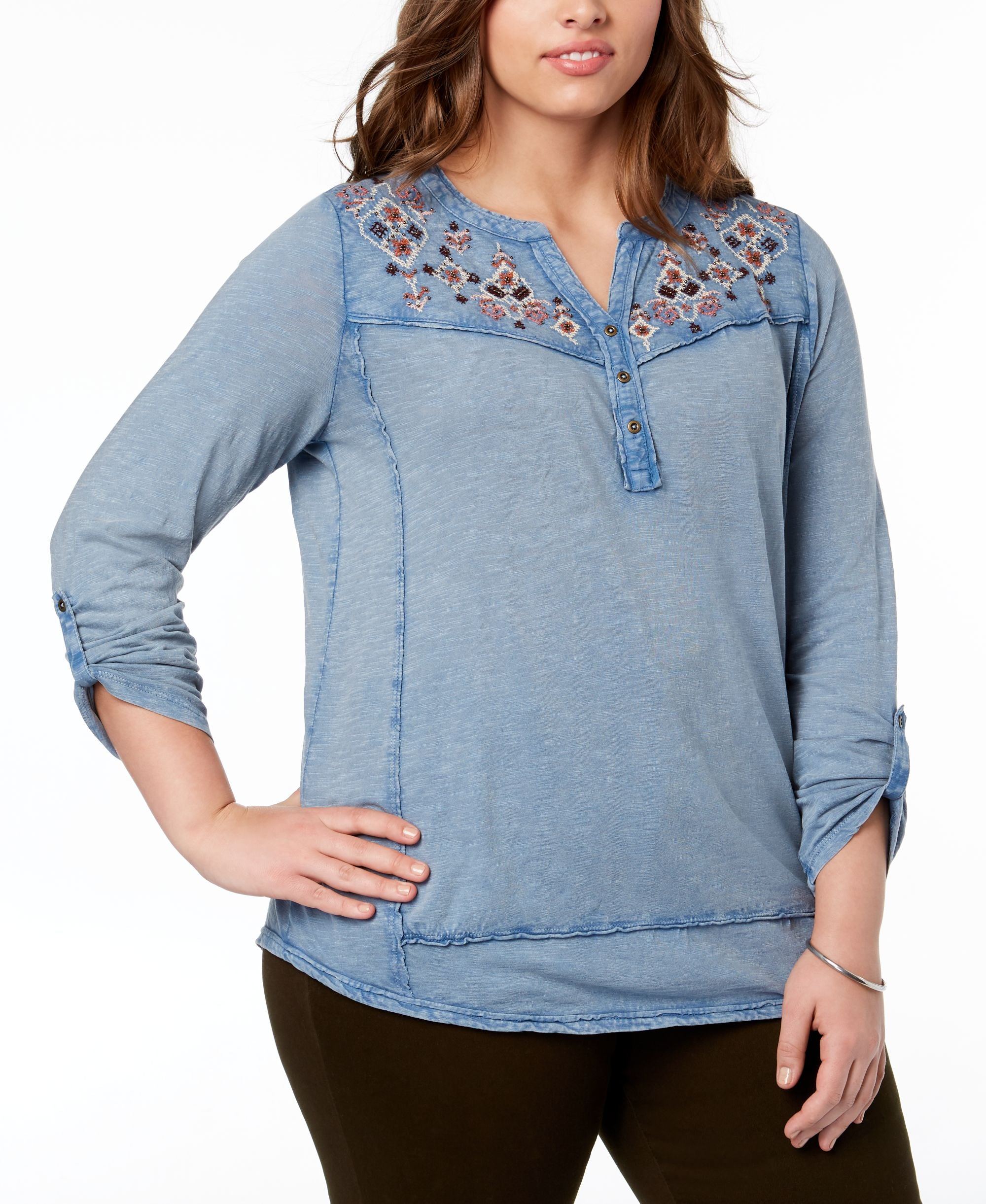 Style & Co Plus Size Cotton Embroidered Split Neck Premium Top