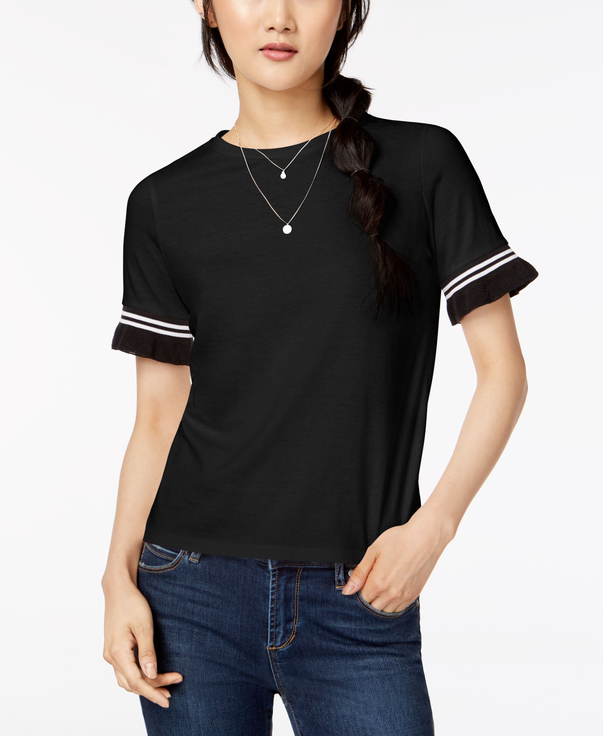 Juniors' Contrast Stripe Ruffle-Sleeve T-Modern Shirt