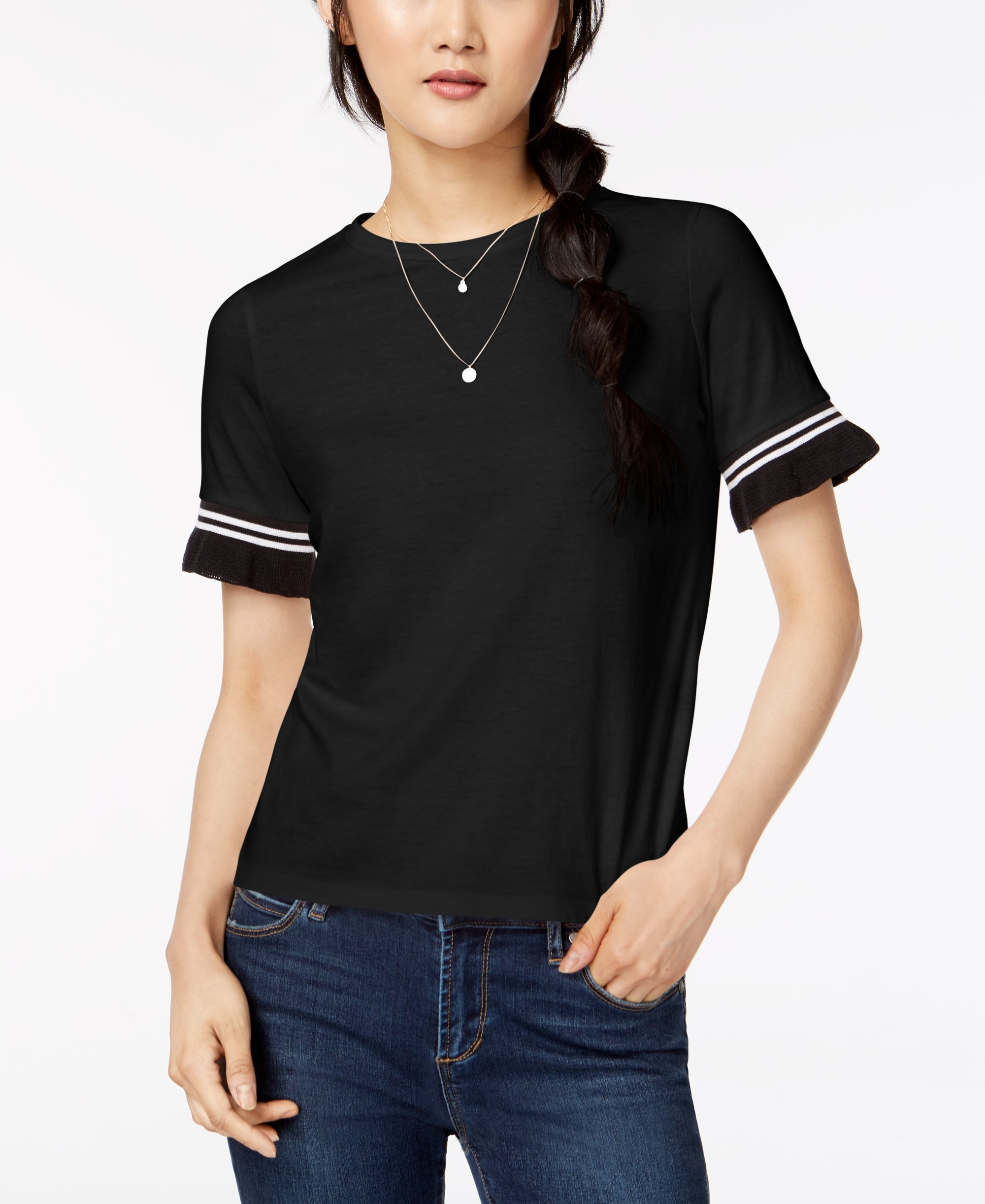 Juniors' Contrast Stripe Ruffle-Sleeve T-Modern Shirt