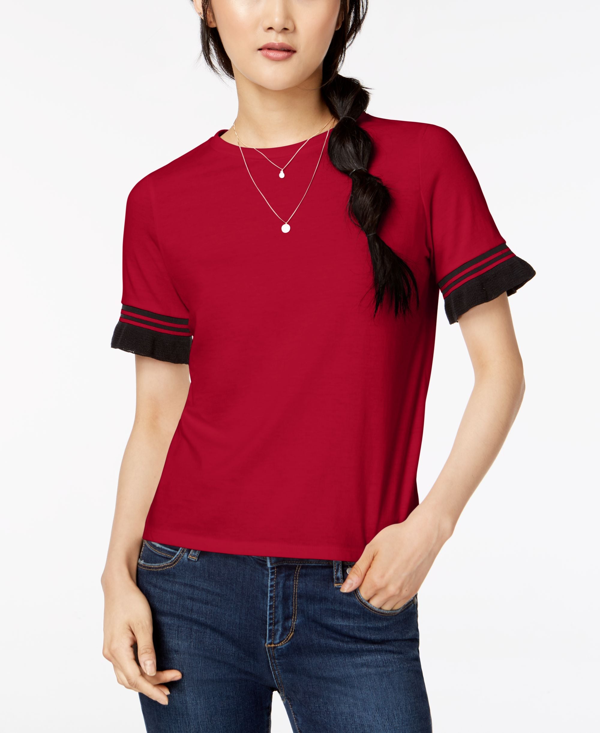 Juniors' Contrast Stripe Ruffle-Sleeve T-Modern Shirt