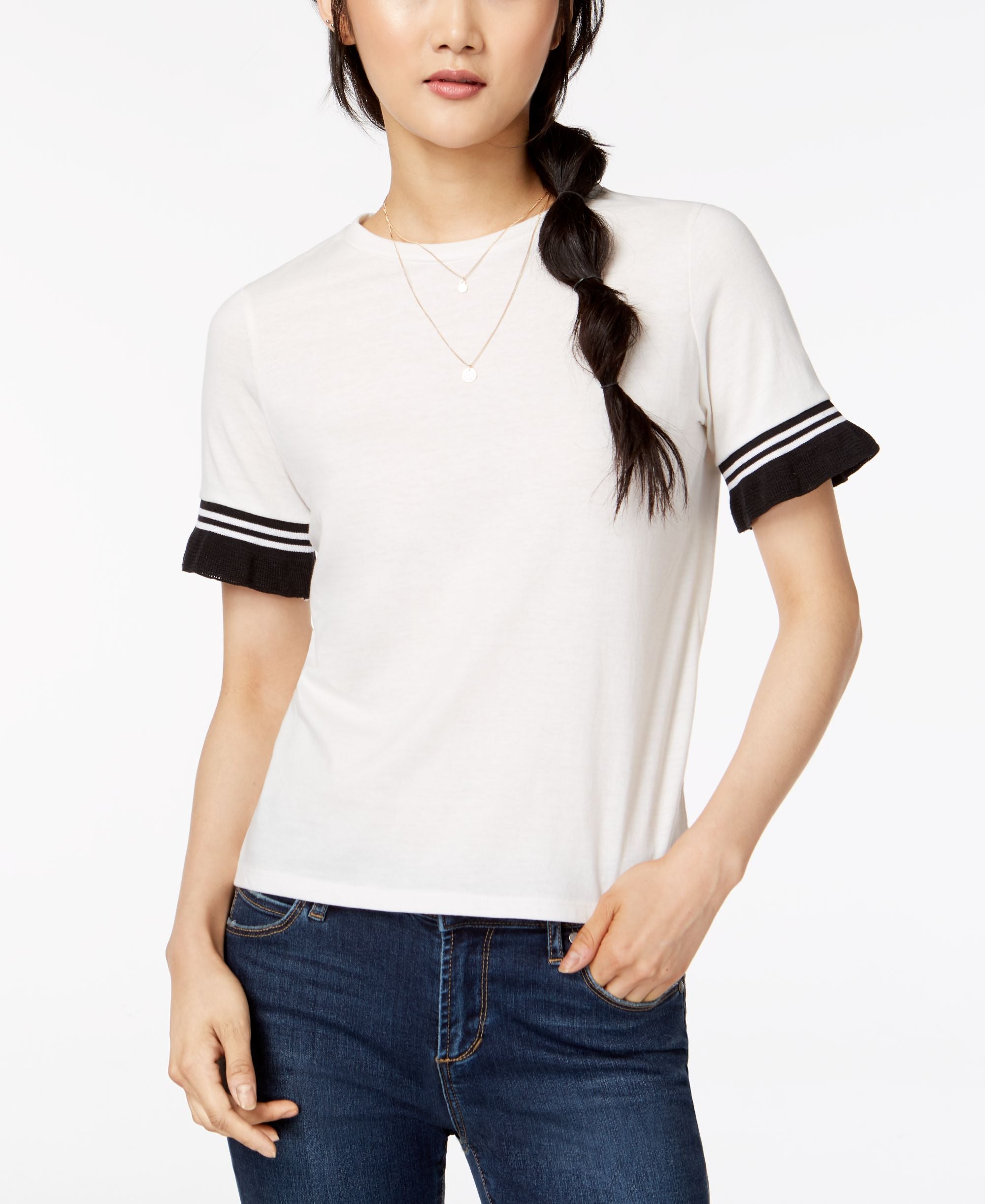Juniors' Contrast Stripe Ruffle-Sleeve T-Modern Shirt
