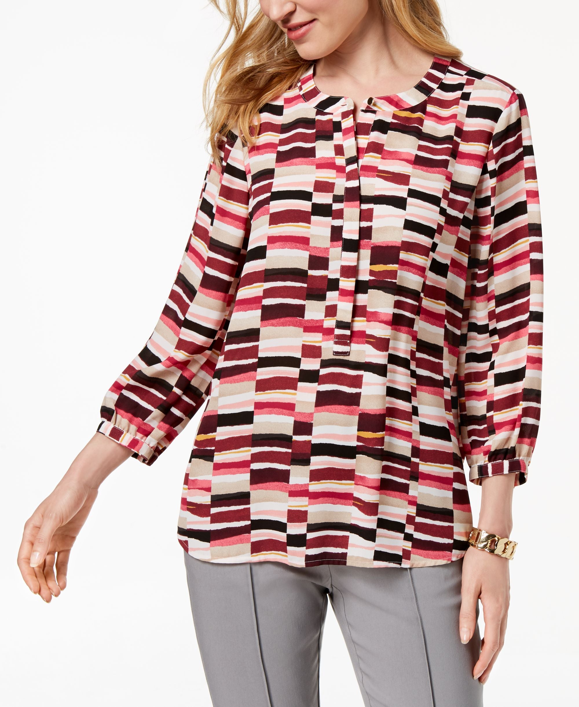 JM Collection Printed Pleated Back Signature Blouse