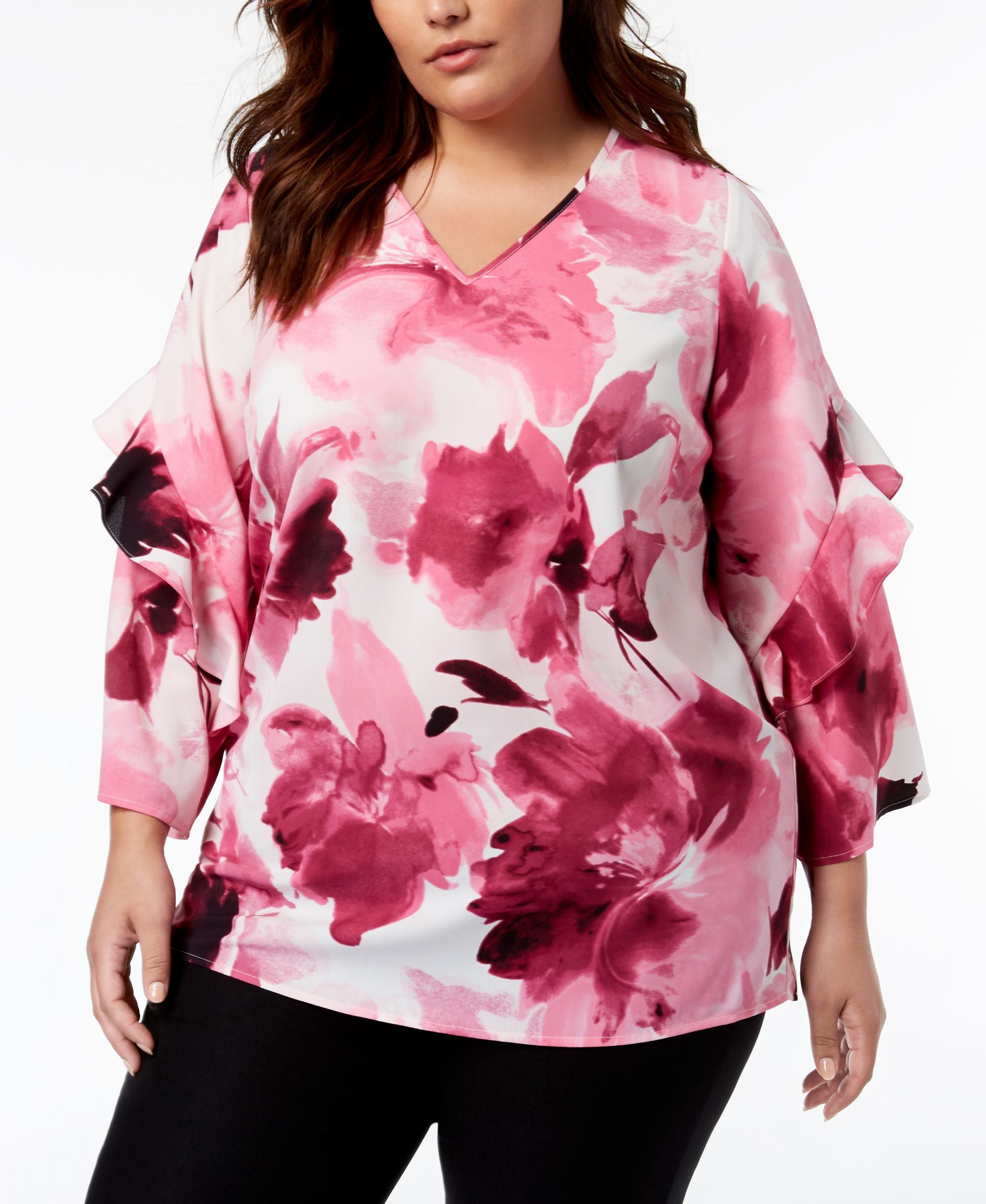 Alfani Plus Size Printed Ruffled Sleeve Zip Back Premium Top