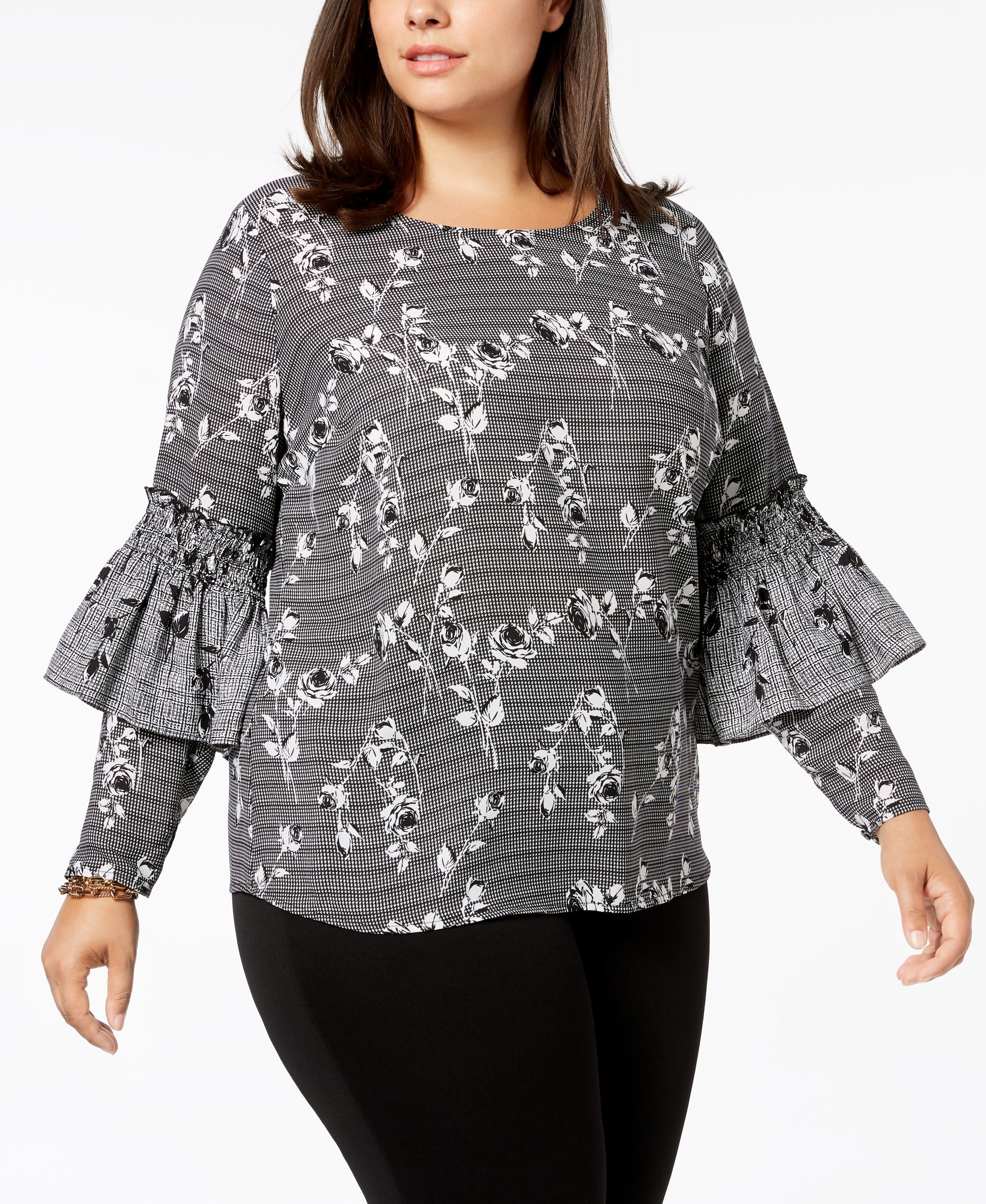 NY Collection Plus Size Printed Ruffle-Sleeve Premium Top