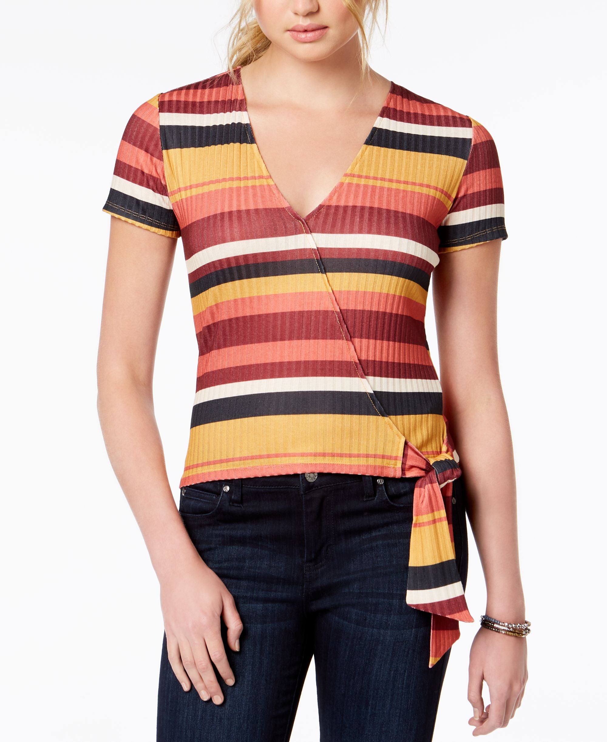 Juniors' Striped Surplice Top