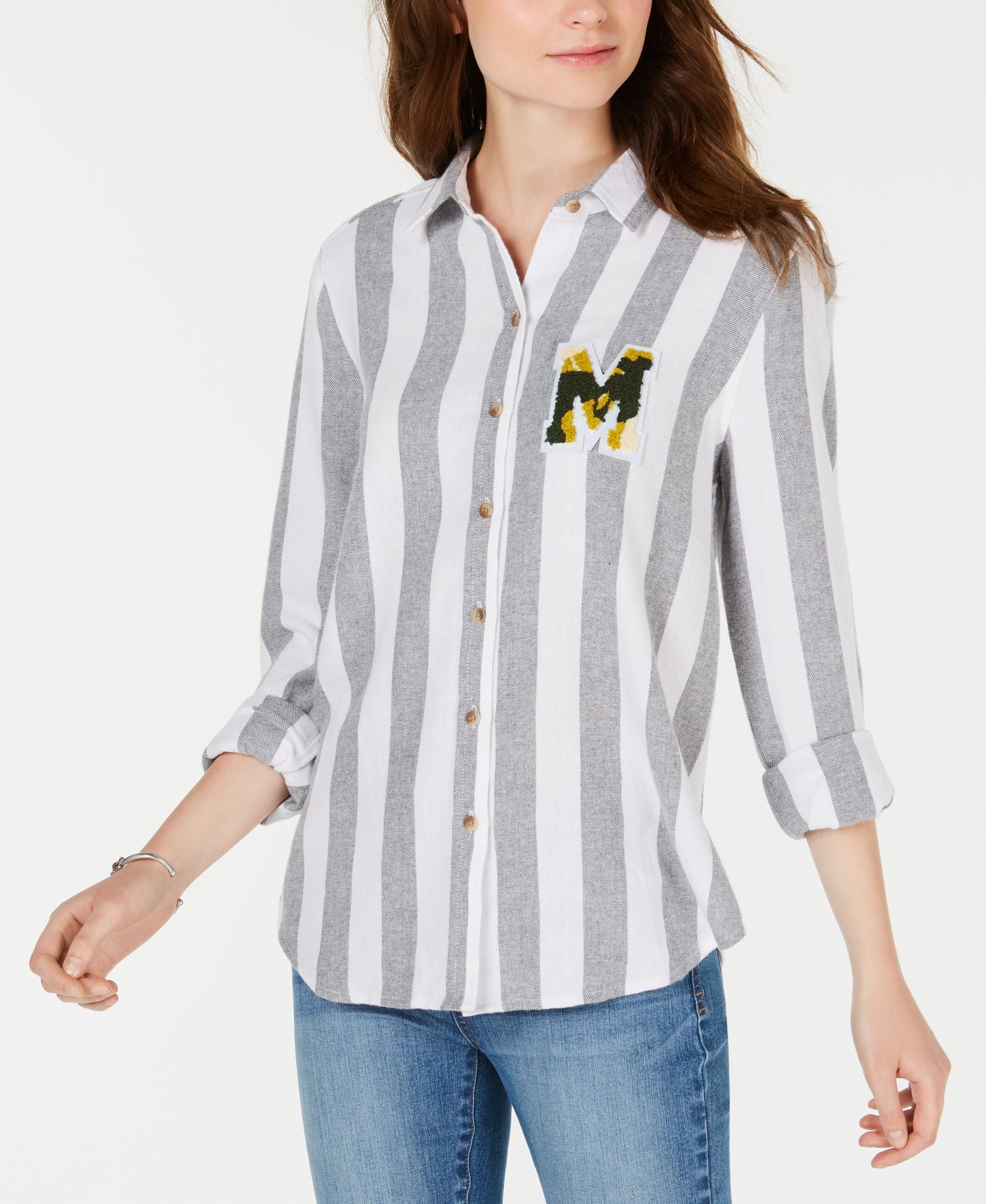 Juniors' Plaid Patch Button-Up Modern Shirt