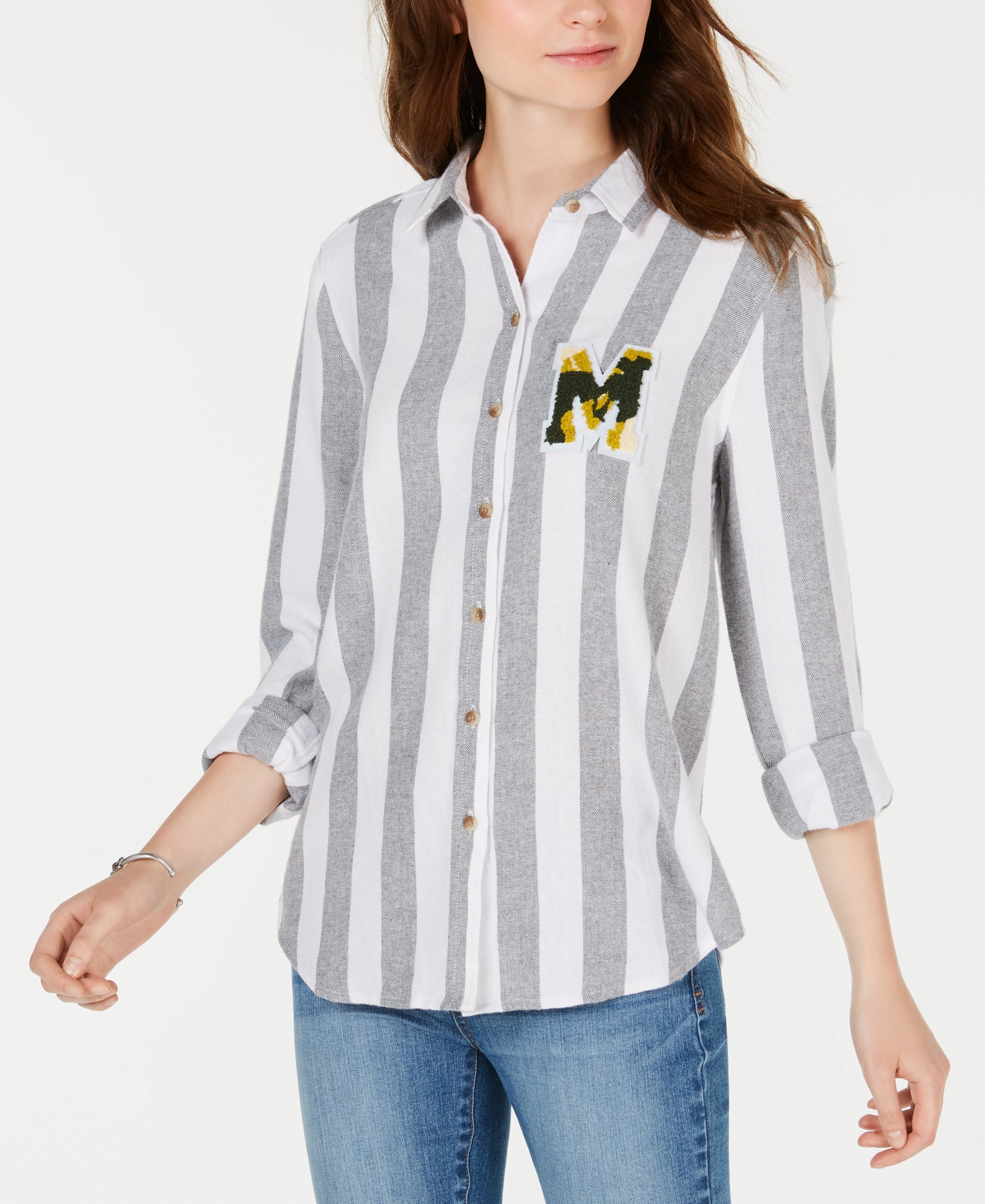 Juniors' Plaid Patch Button-Up Modern Shirt