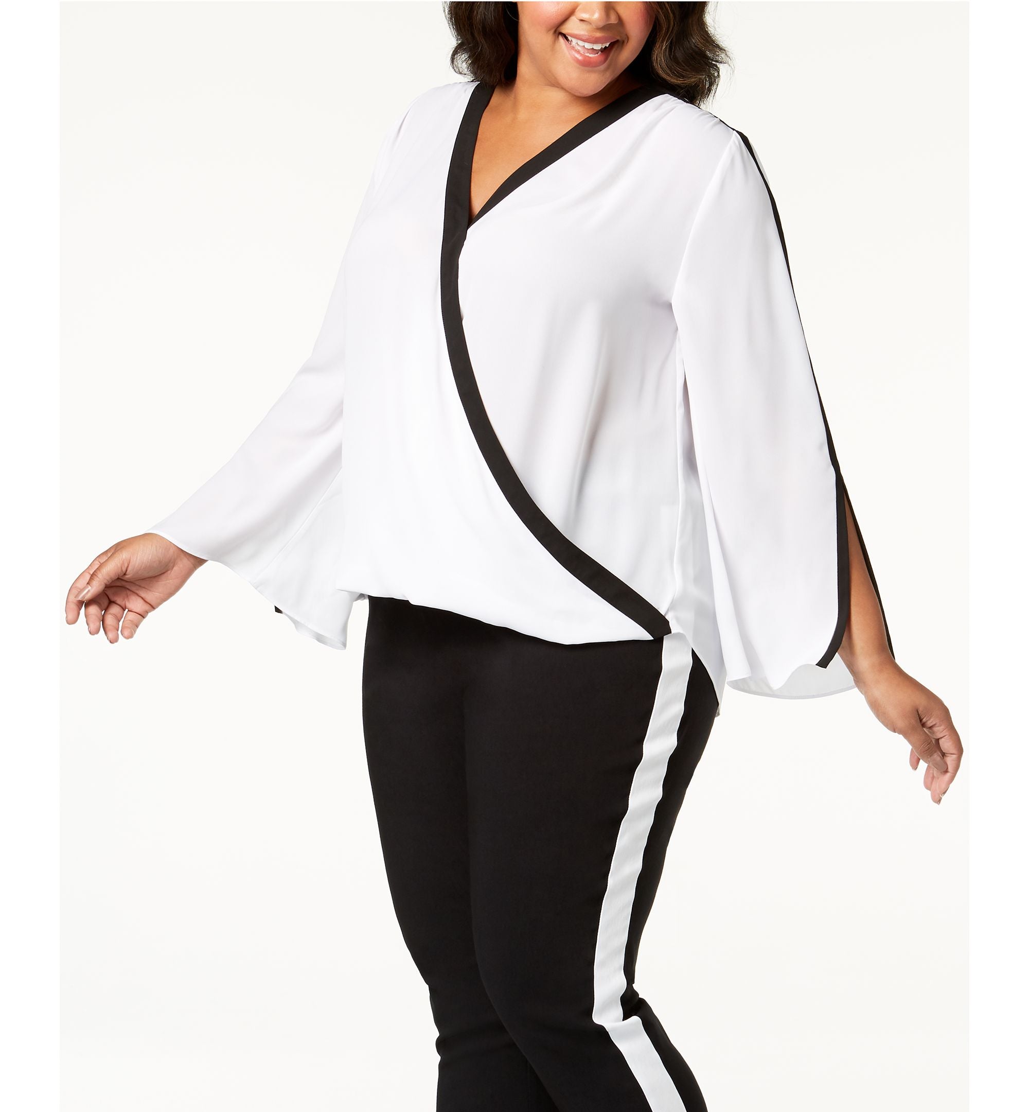 Plus Size Contrast Trim Surplice Premium Top