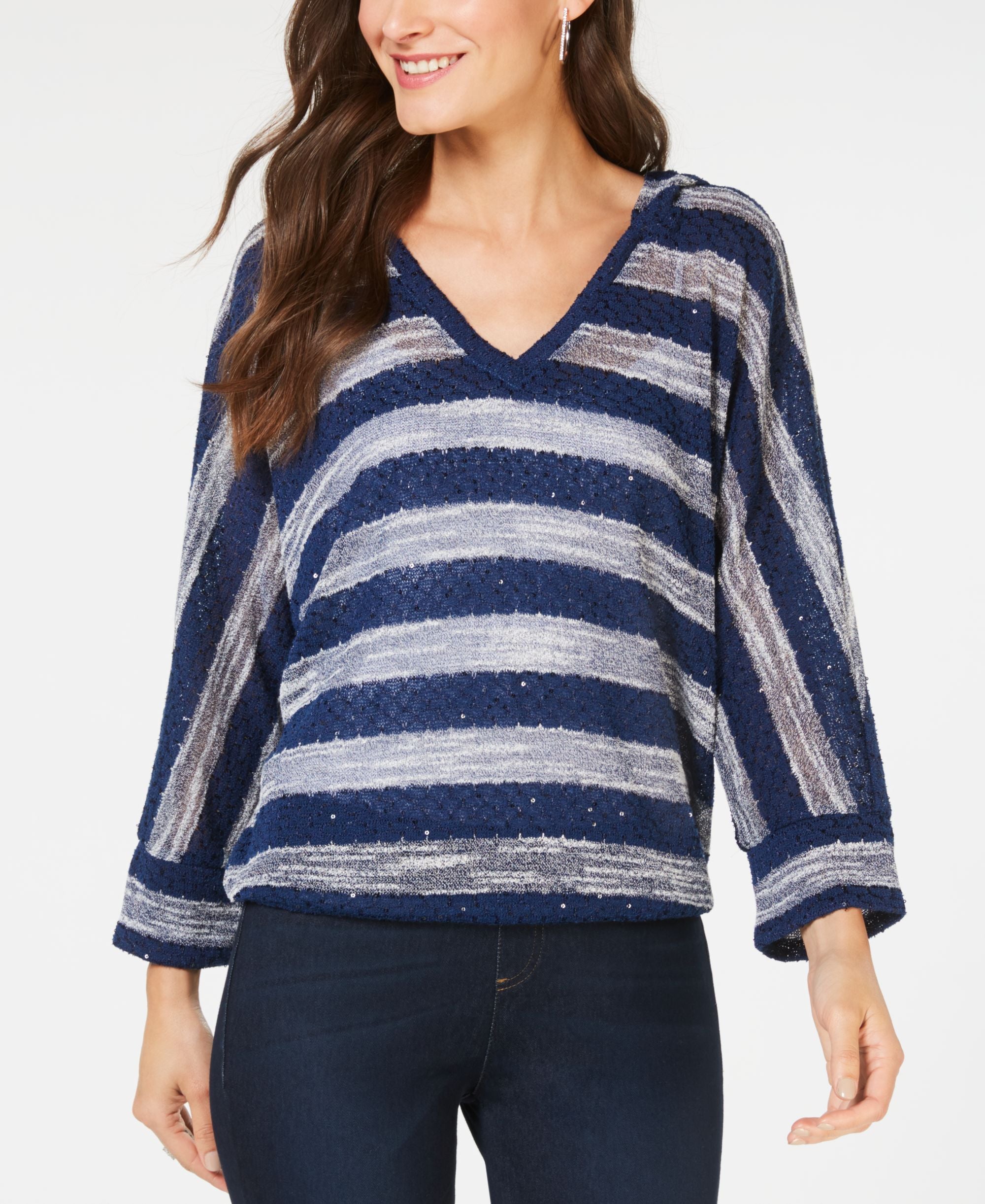 Textured Knit Striped Hooded Premium Top