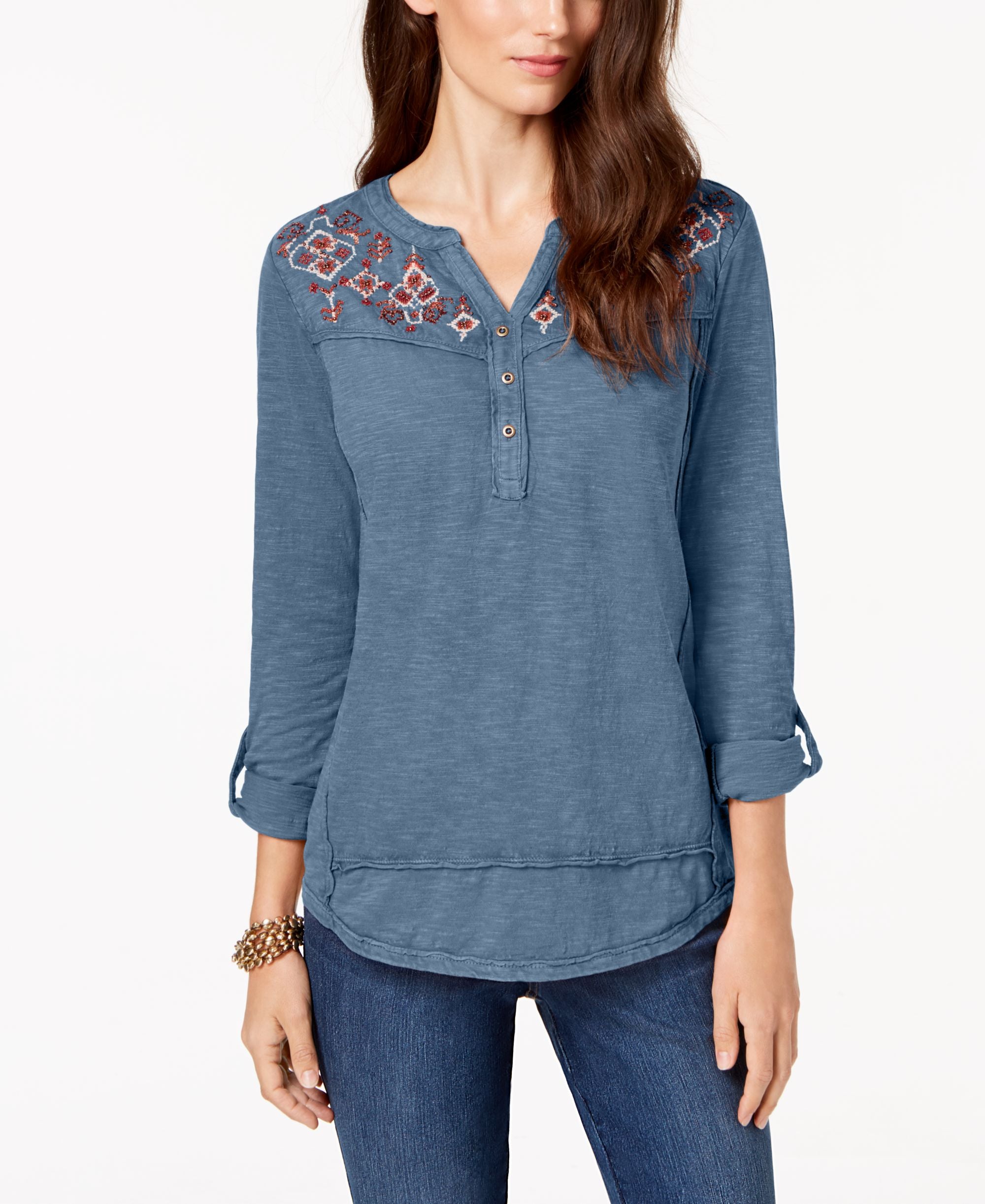 Style & Co Petite Cotton Embroidered Split Neck Premium Top