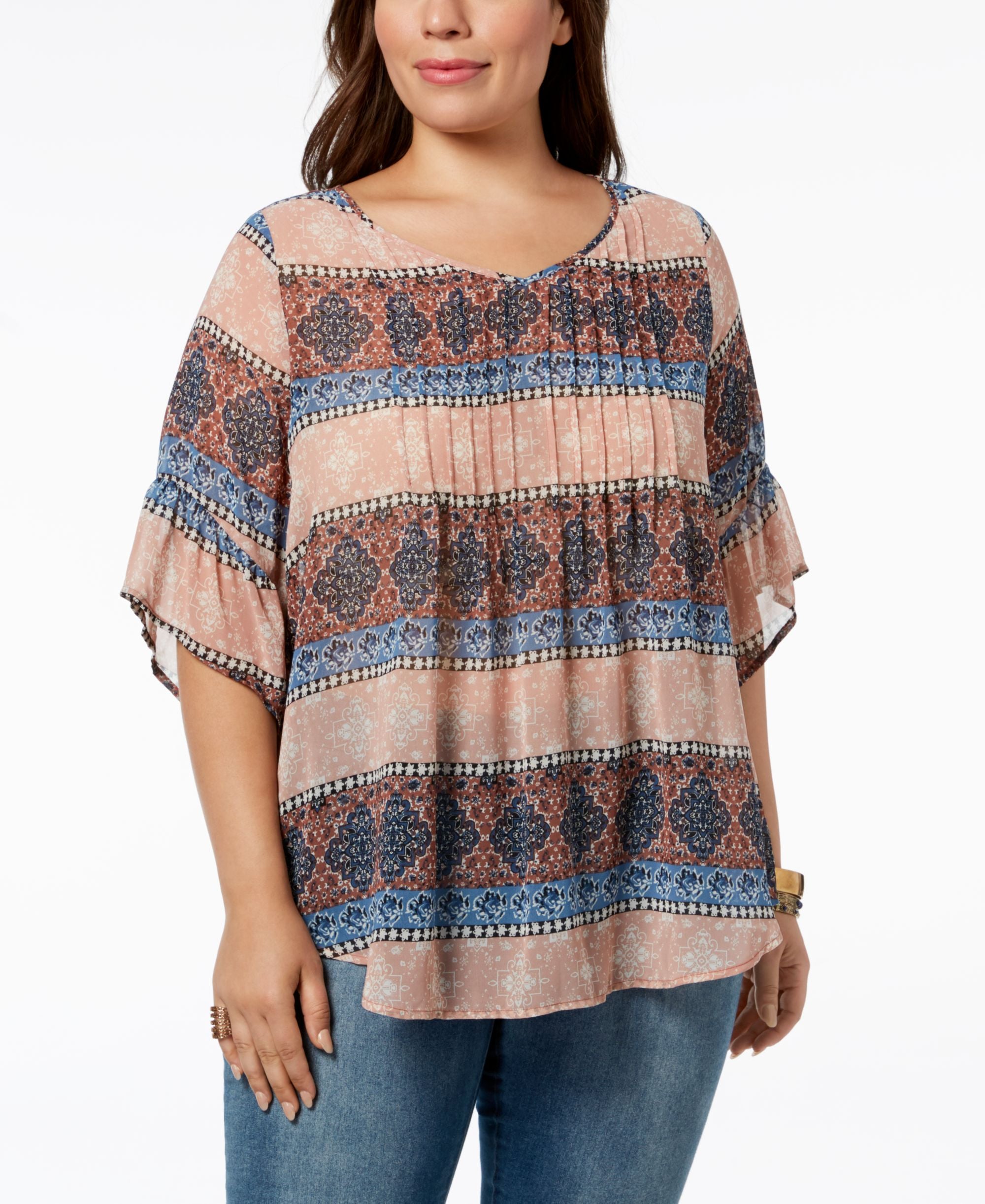 Style & Co Plus Size Medallion Print Pintucked Premium Top