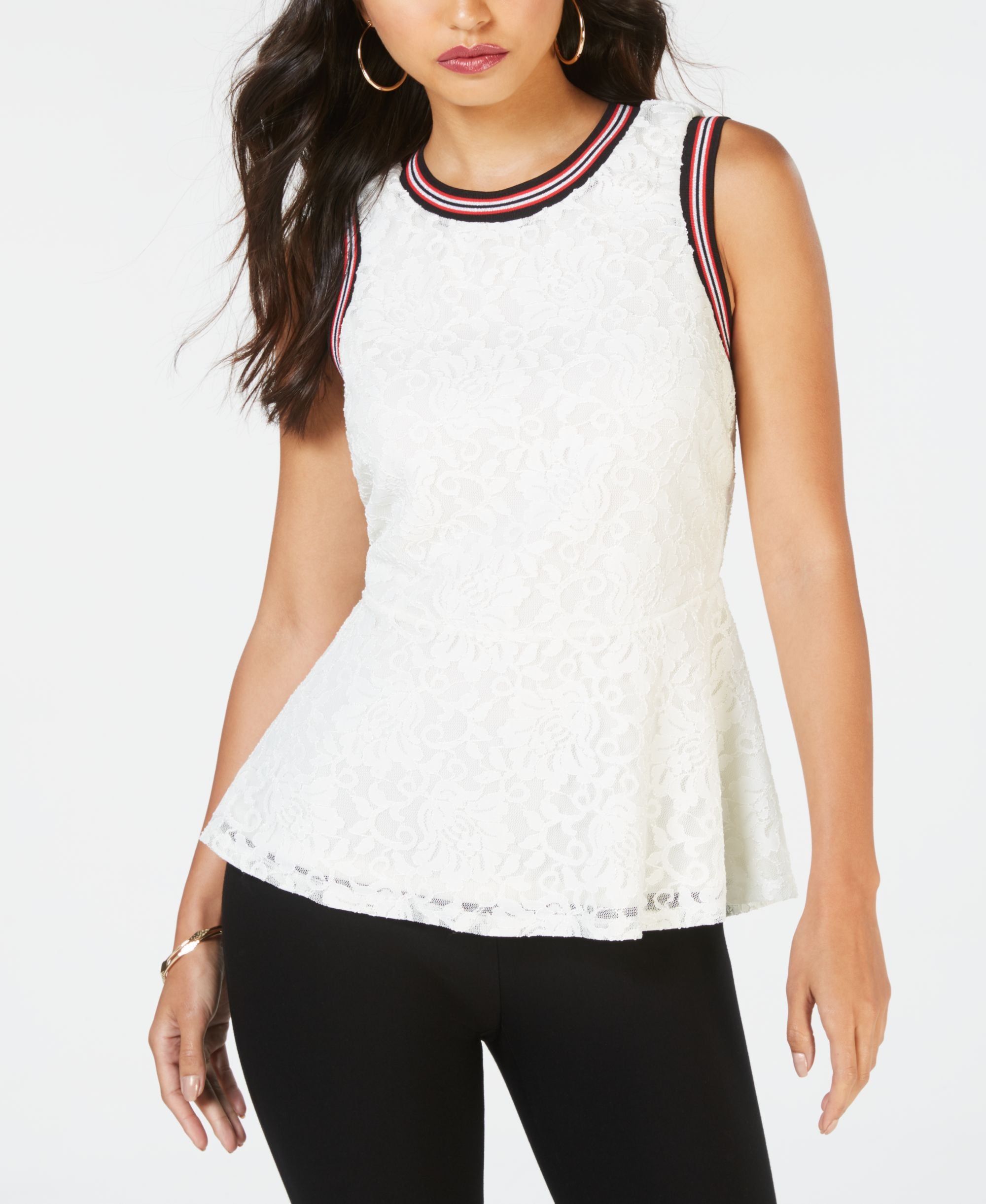 Thalia Sodi Lace Striped Trim Premium Top
