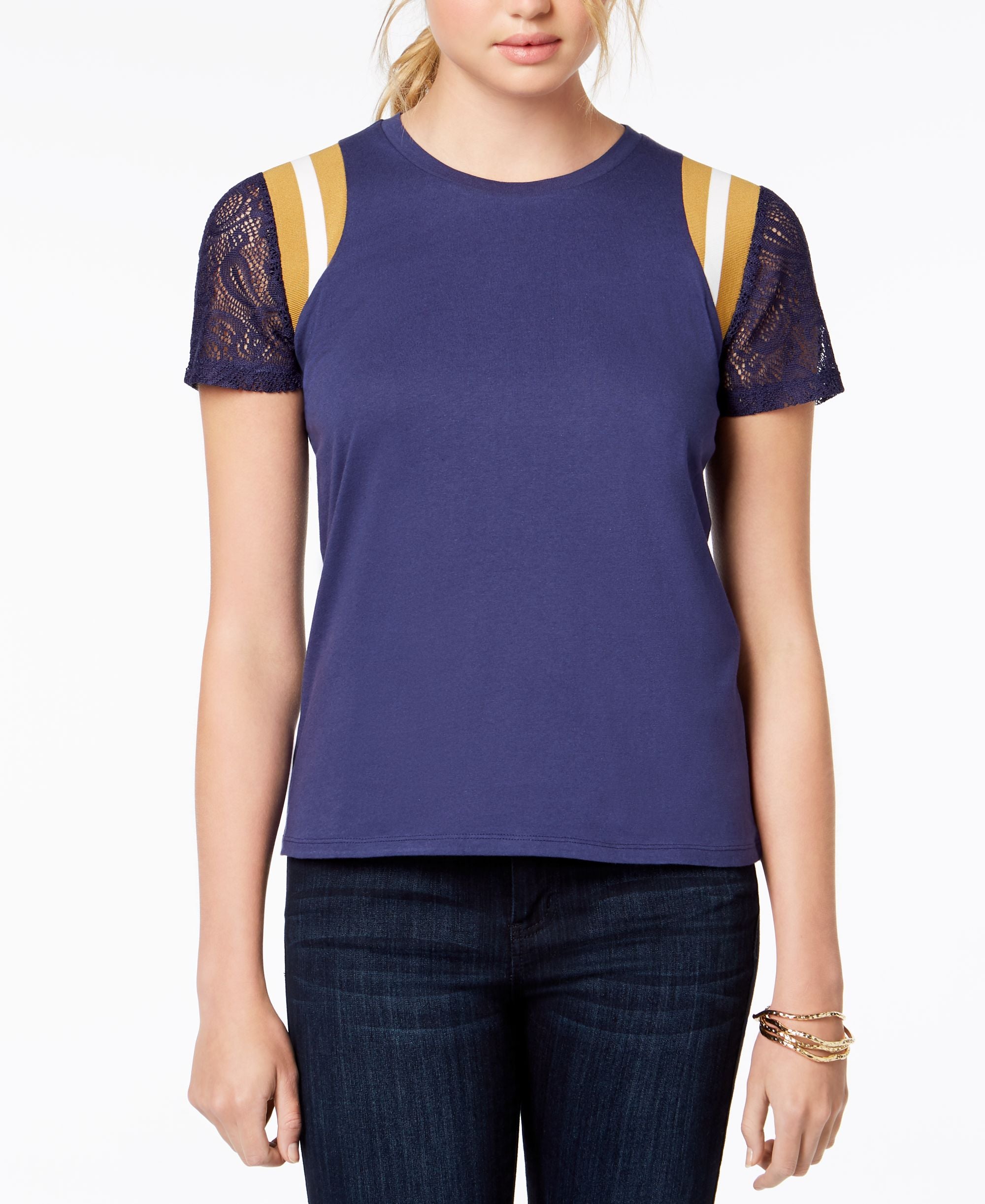 Juniors' Lace-Sleeve Striped-Shoulder Premium Top