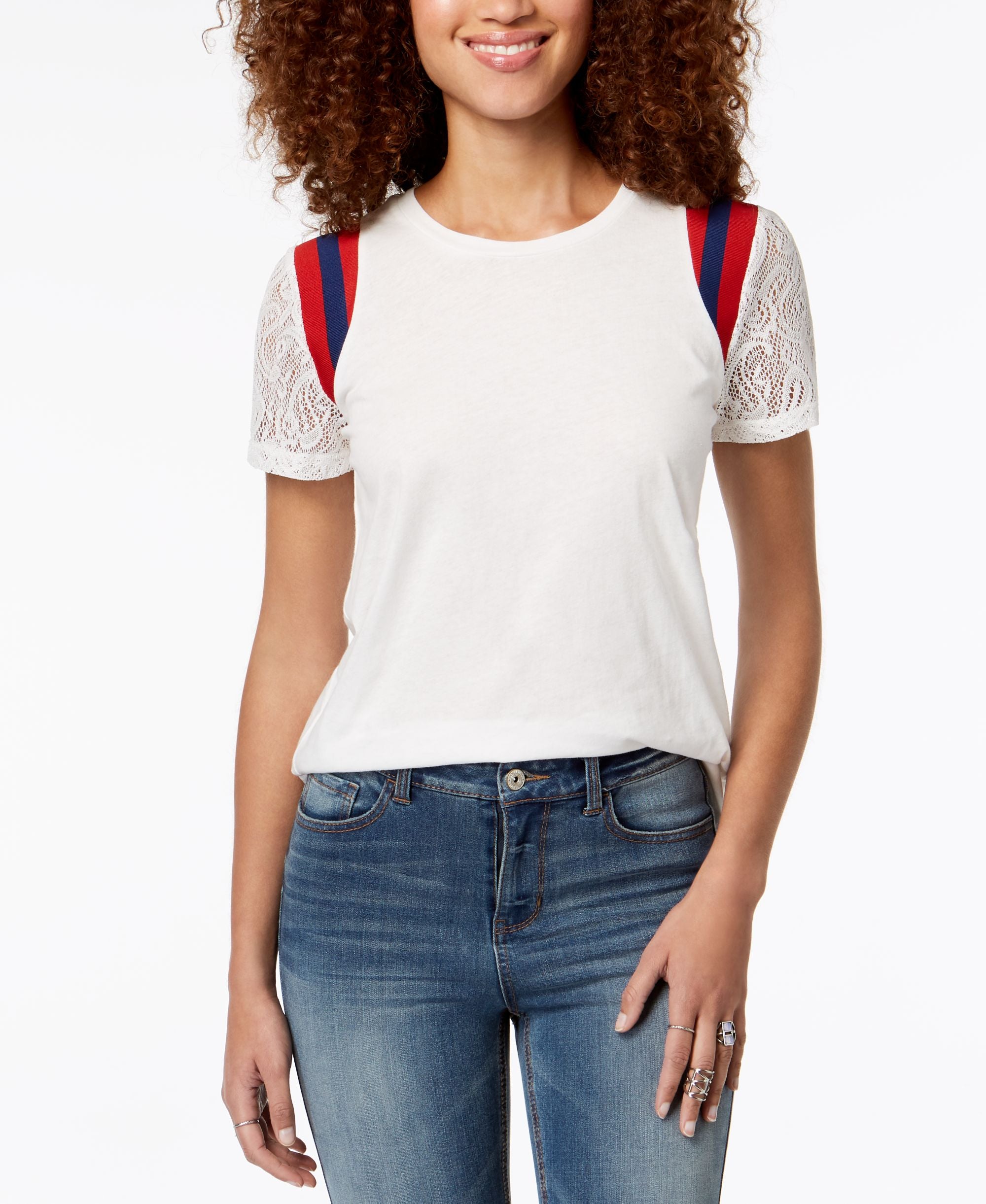 Juniors' Lace-Sleeve Striped-Shoulder Premium Top