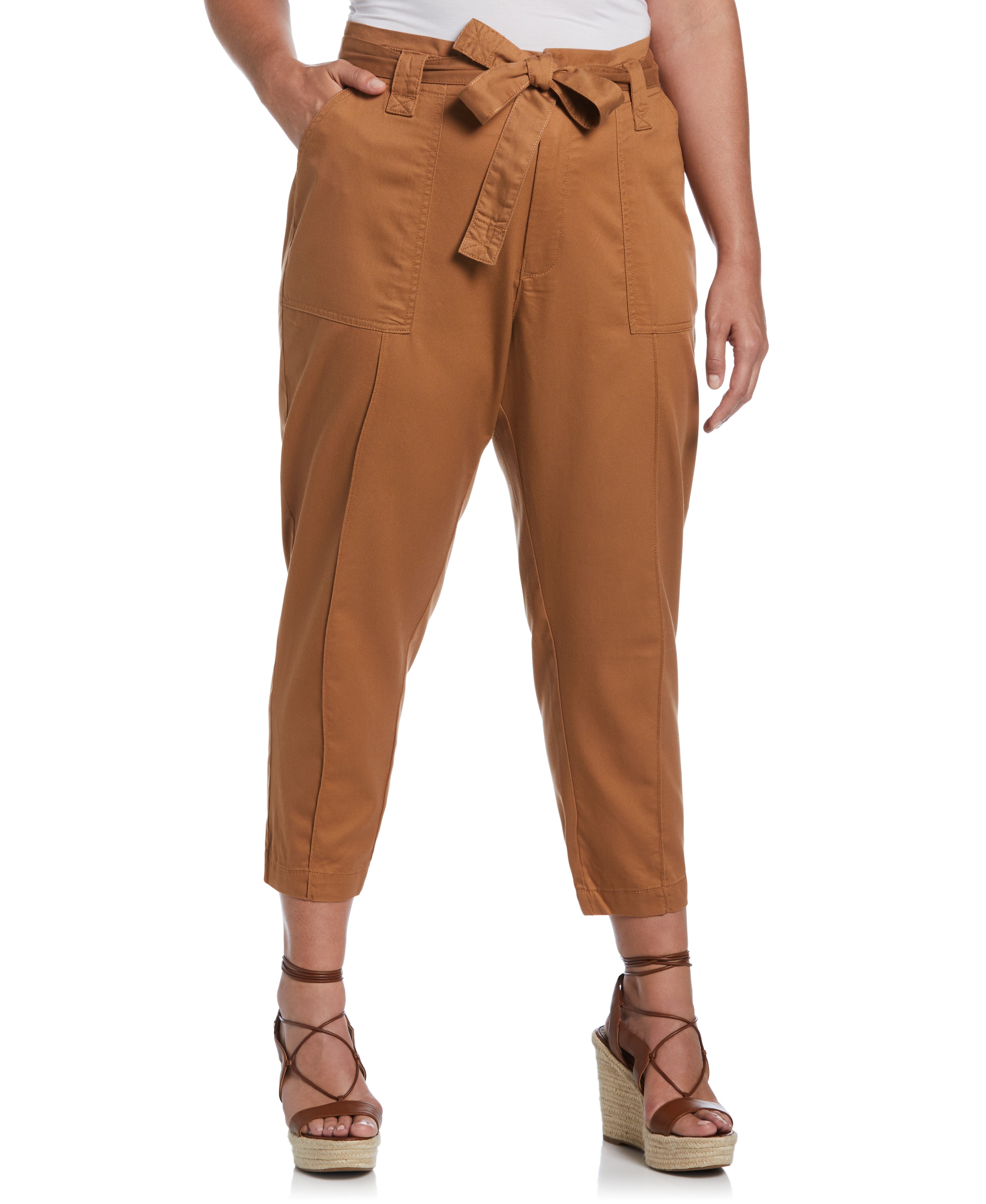 Plus Size Twill Crop Signature Pants with Removable Tie Belt