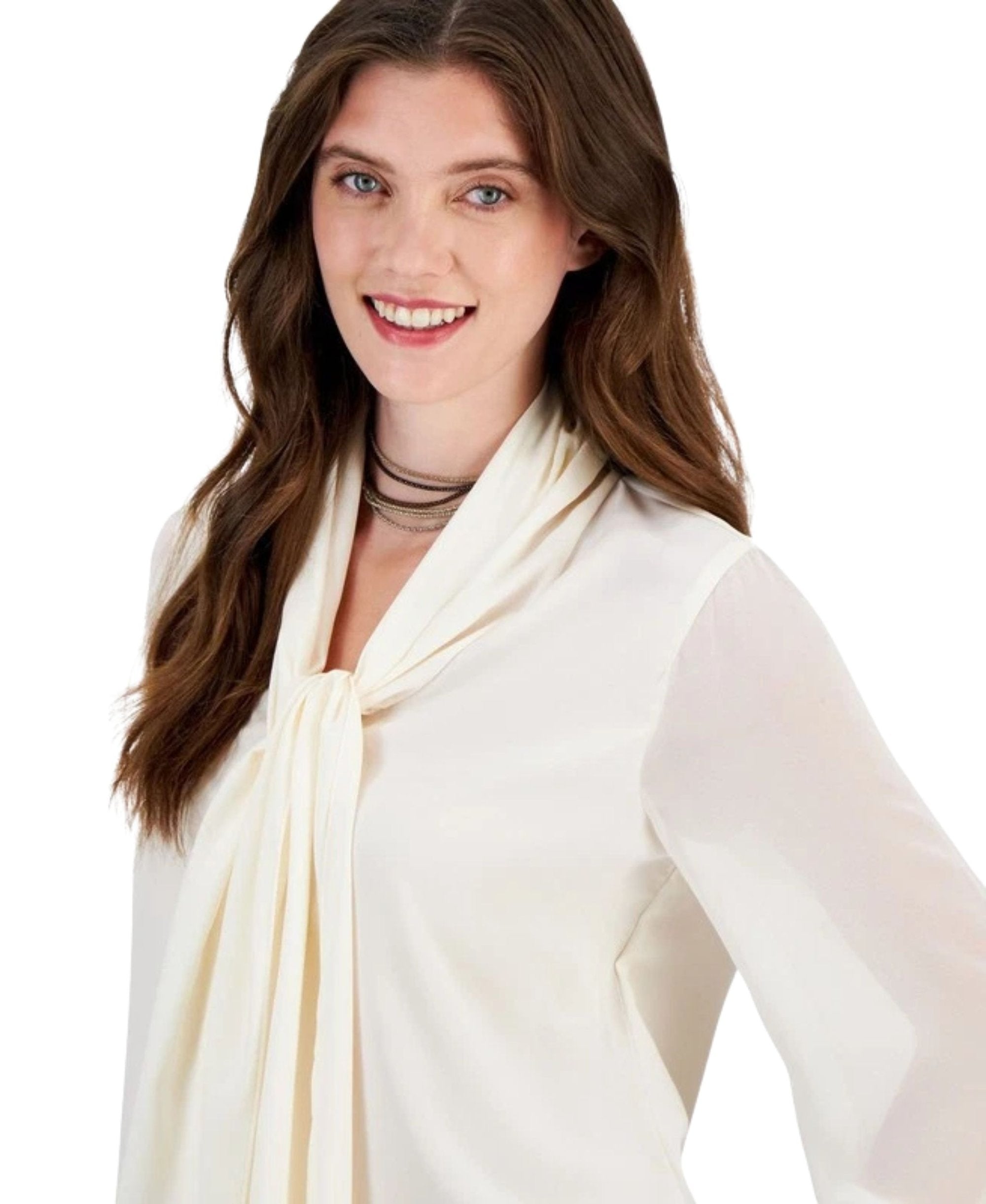 Women's Tie-Neck Sheer-Long-Sleeve Signature Blouse