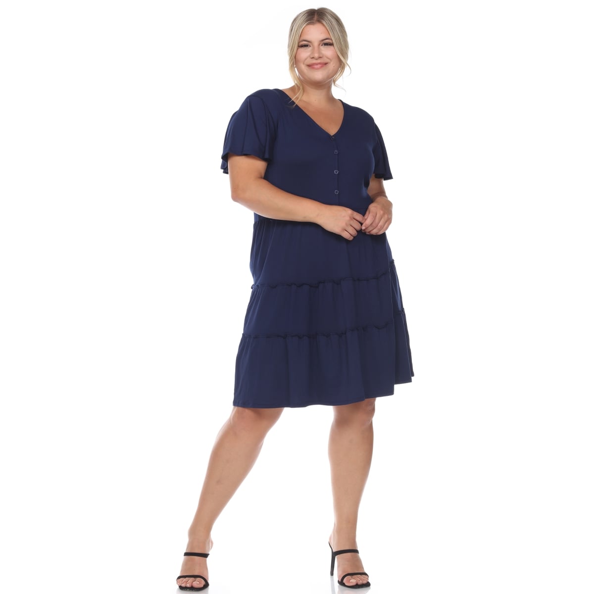Plus Size Short-Sleeve V-neck Tiered Flounce Midi Dress