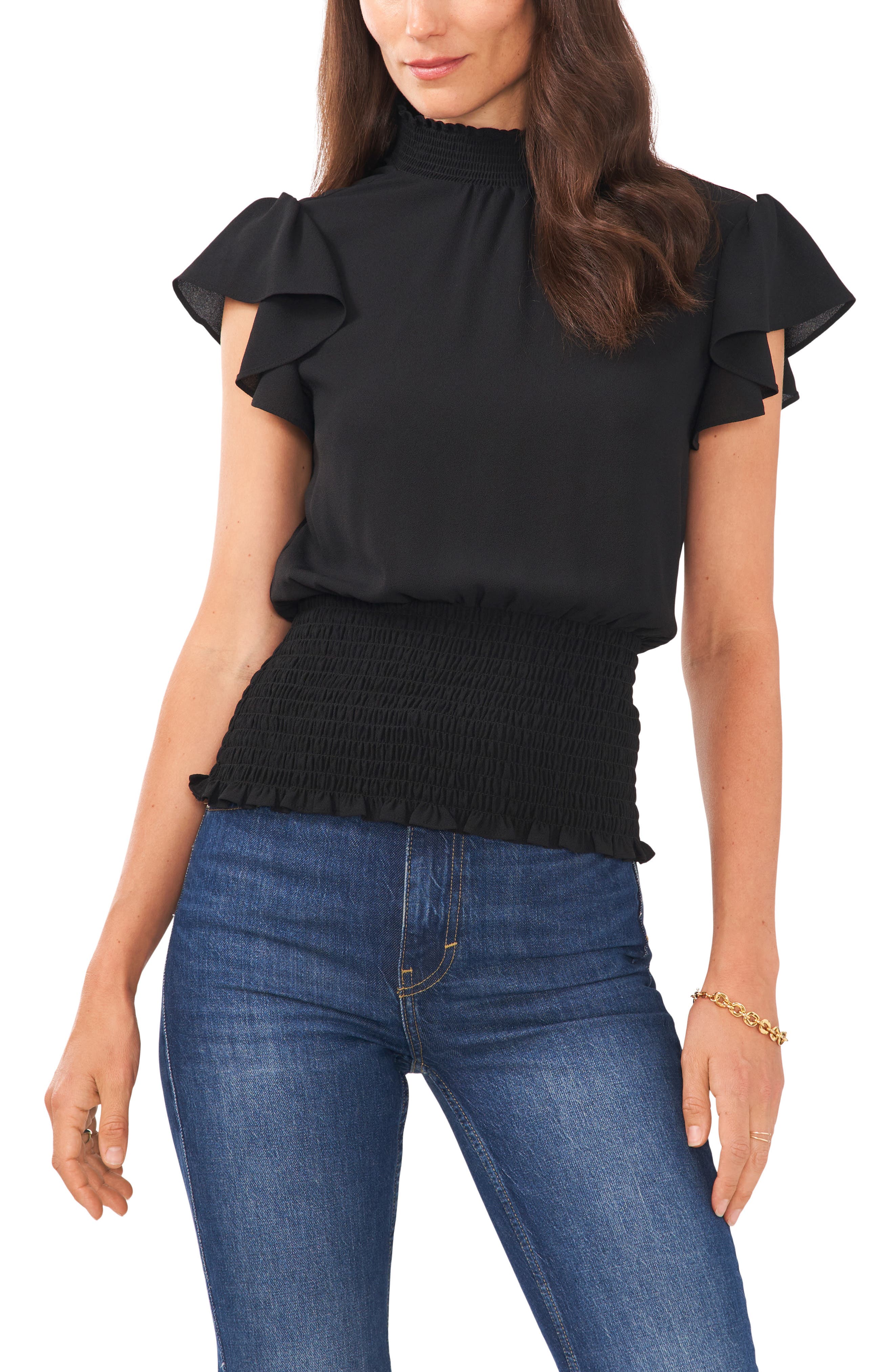 1.STATE Flutter-Sleeve Smocked Signature Blouse