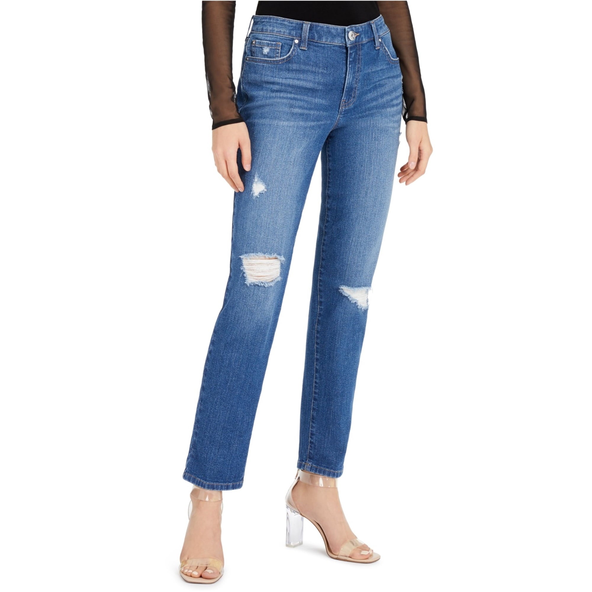 Women's Mid Rise Ripped Straight-Leg Premium Jeans