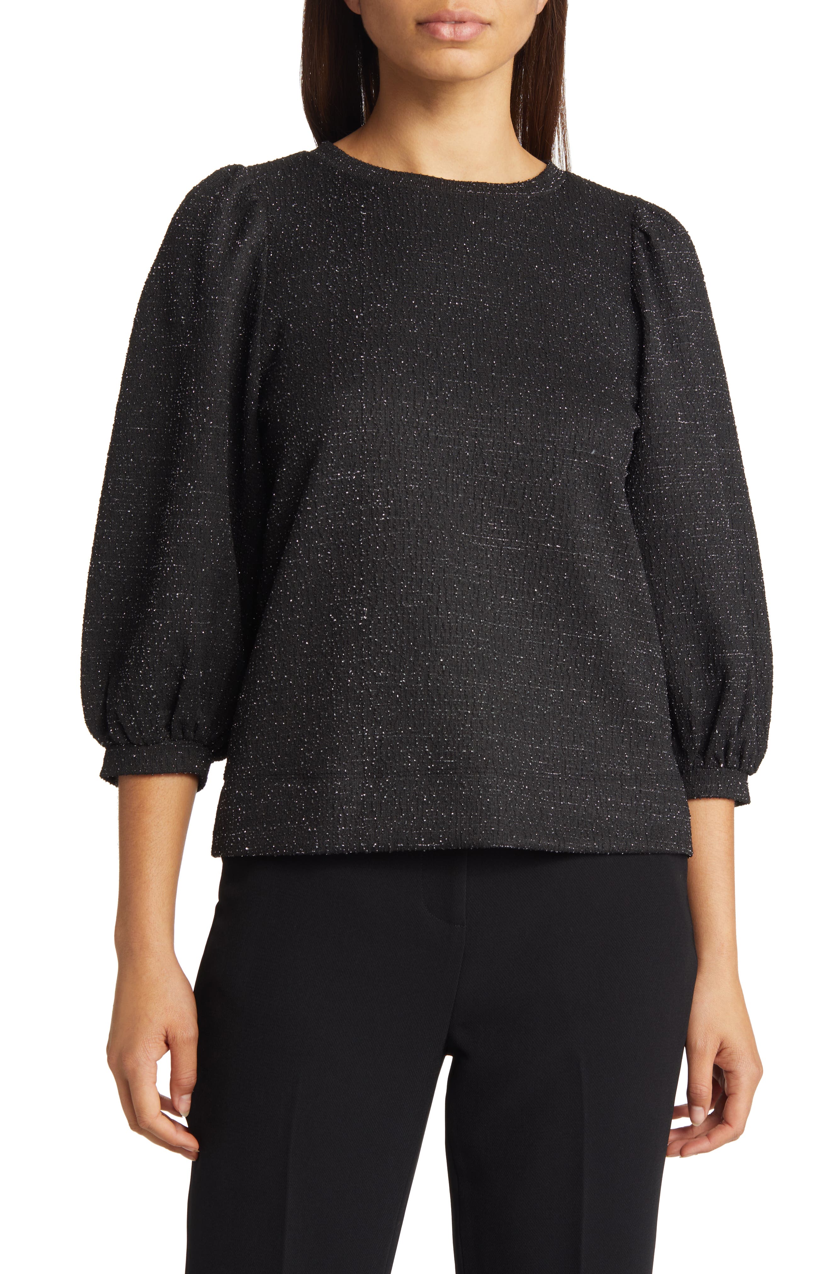 Women's Shimmer-Tweed Balloon-Sleeve Premium Top
