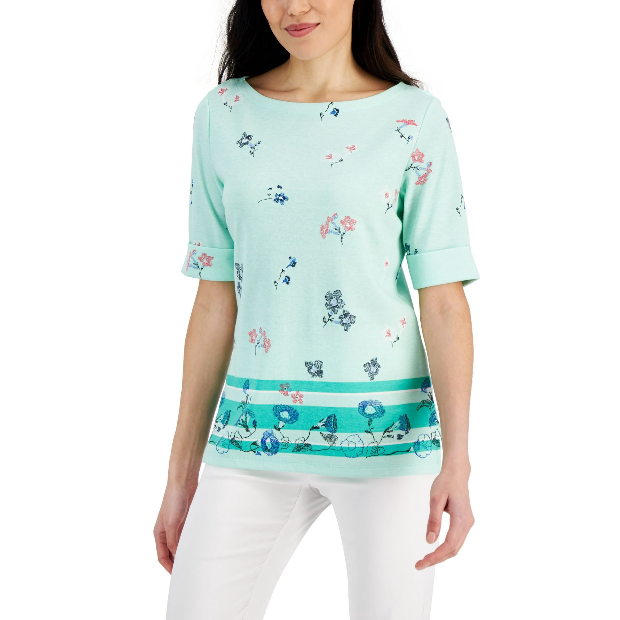Karen Scott Womens Petite Printed Boat Neck Premium Top