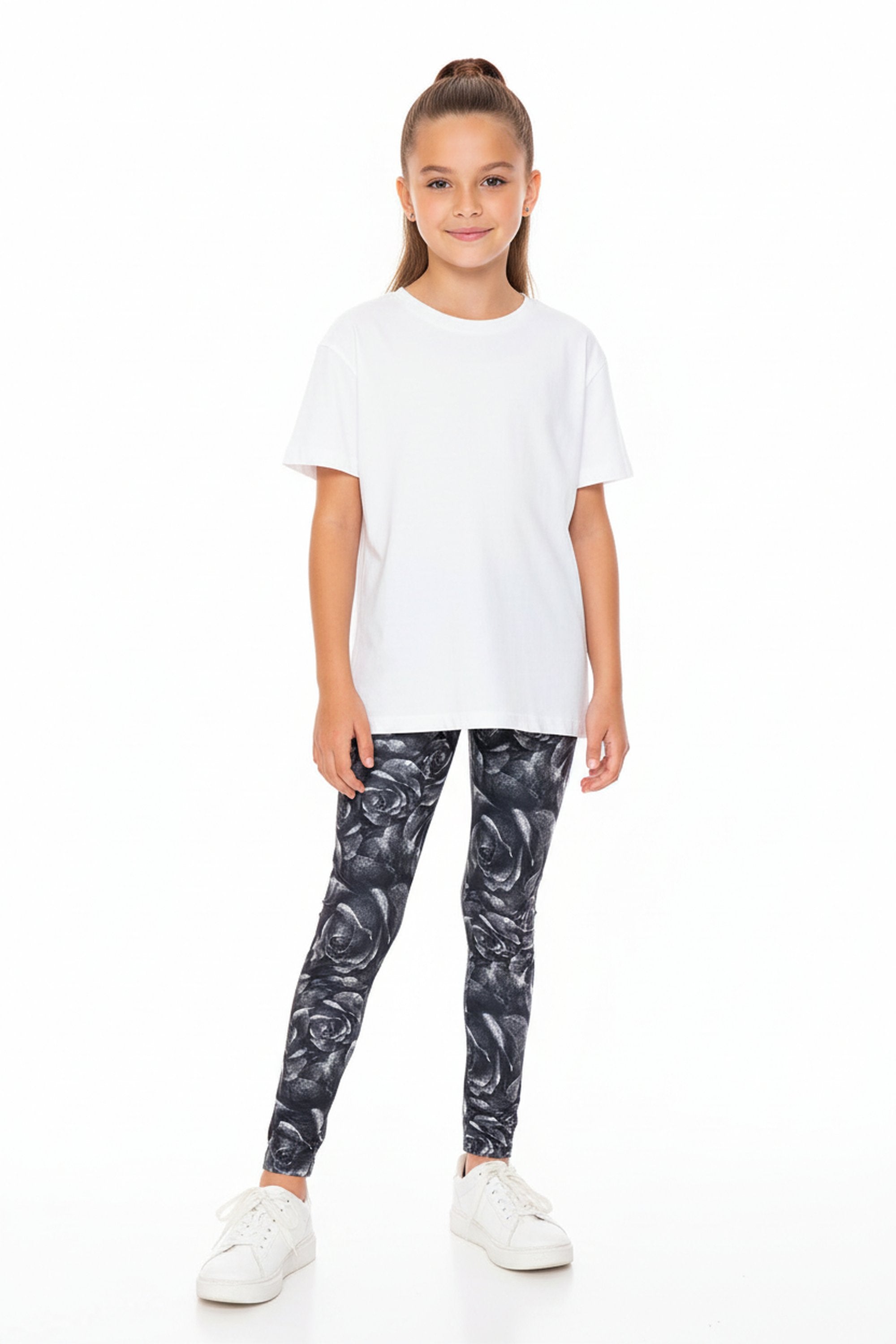Creamy Soft Monochrome Rose Floral Kids Leggings - USA Fashion