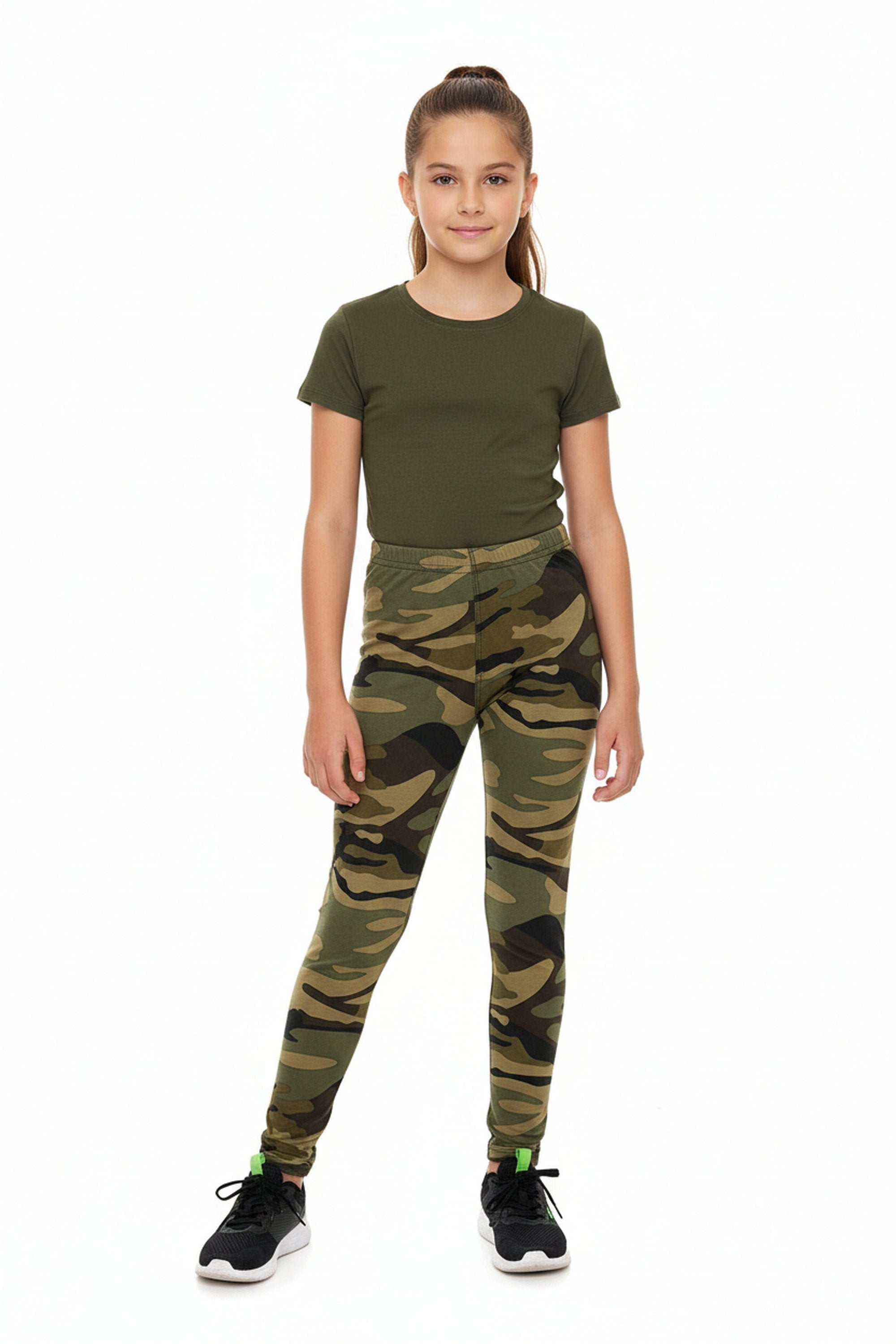 Buttery Soft Green Camouflage Kids Leggings - EEVEE
