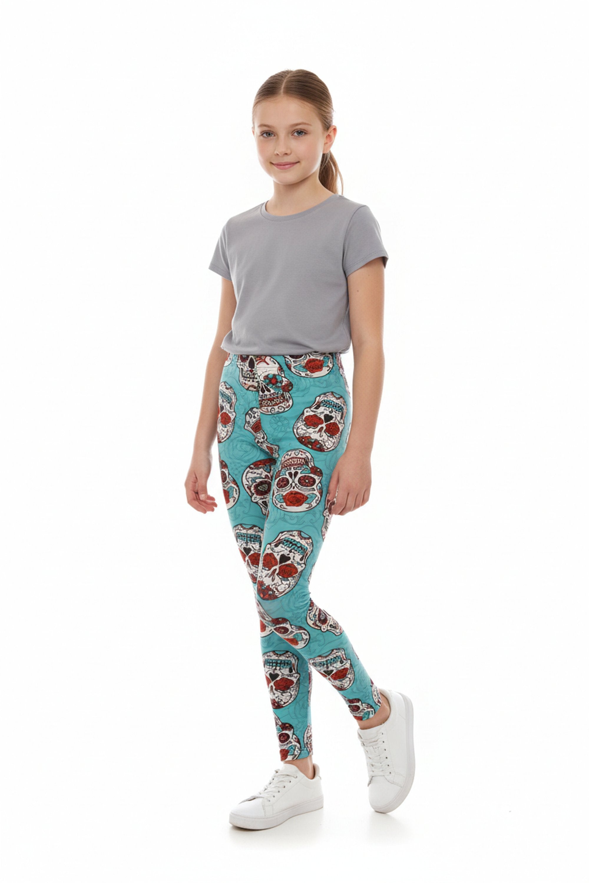 Buttery Soft Teal Sugar Skull Kid's Leggings