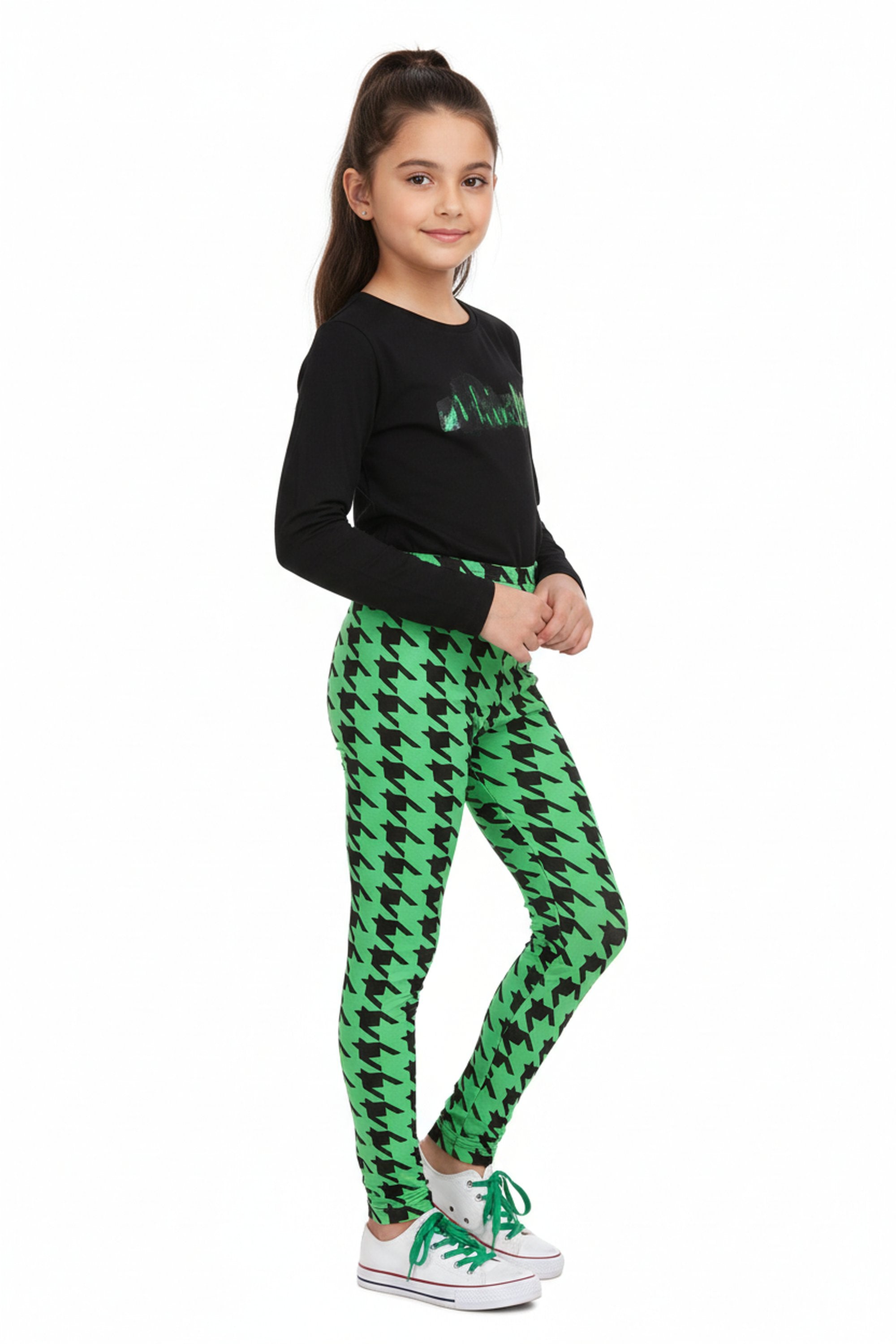 Buttery Soft Green Houndstooth Kids Leggings