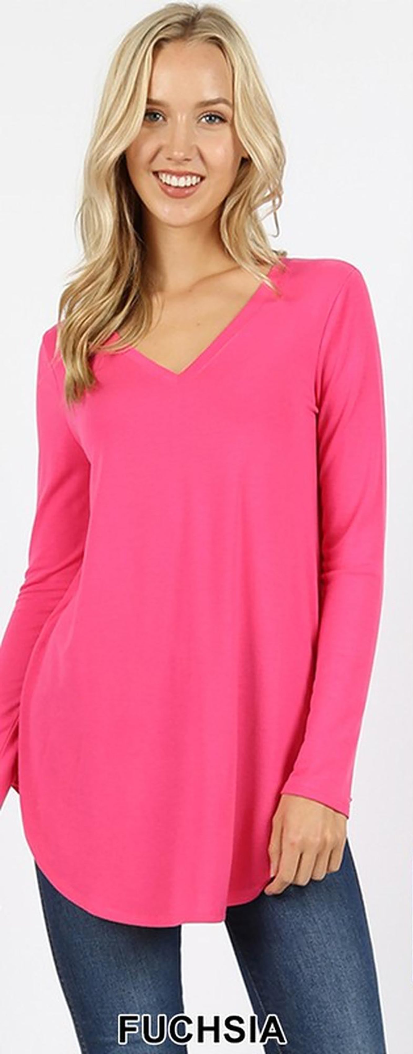 Premium V-Neck Round Hem Long-Sleeve Premium Top